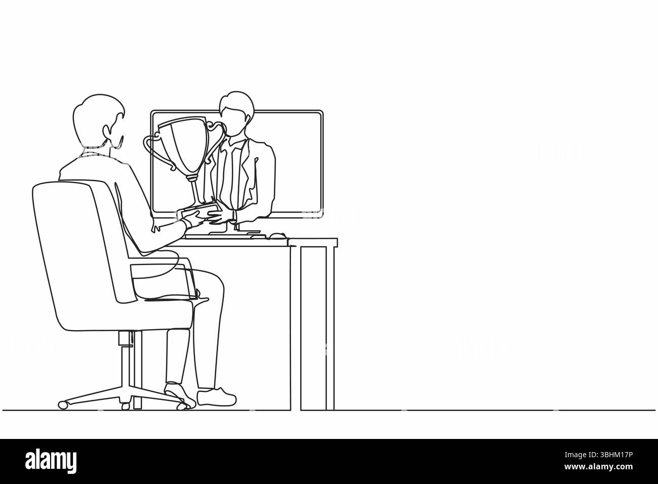 Eine einzelne Linie zeichnet einen schönen Geschäftsmann, der einen goldenen Becher von einem Monitor für einen glücklichen Büroangestellten hält. Auszeichnung im Online-Wettbewerb. Moderne konti Stock Vektor