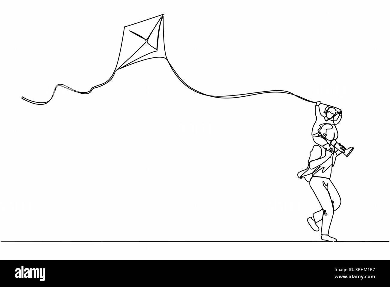 Einzelne durchgehende Linienzeichnung Vater und Tochter haben Spaß, Fliegendrachen. Vater trägt Tochter auf Schultern, spielt und rennt im Park. Dynamisch ein Stock Vektor