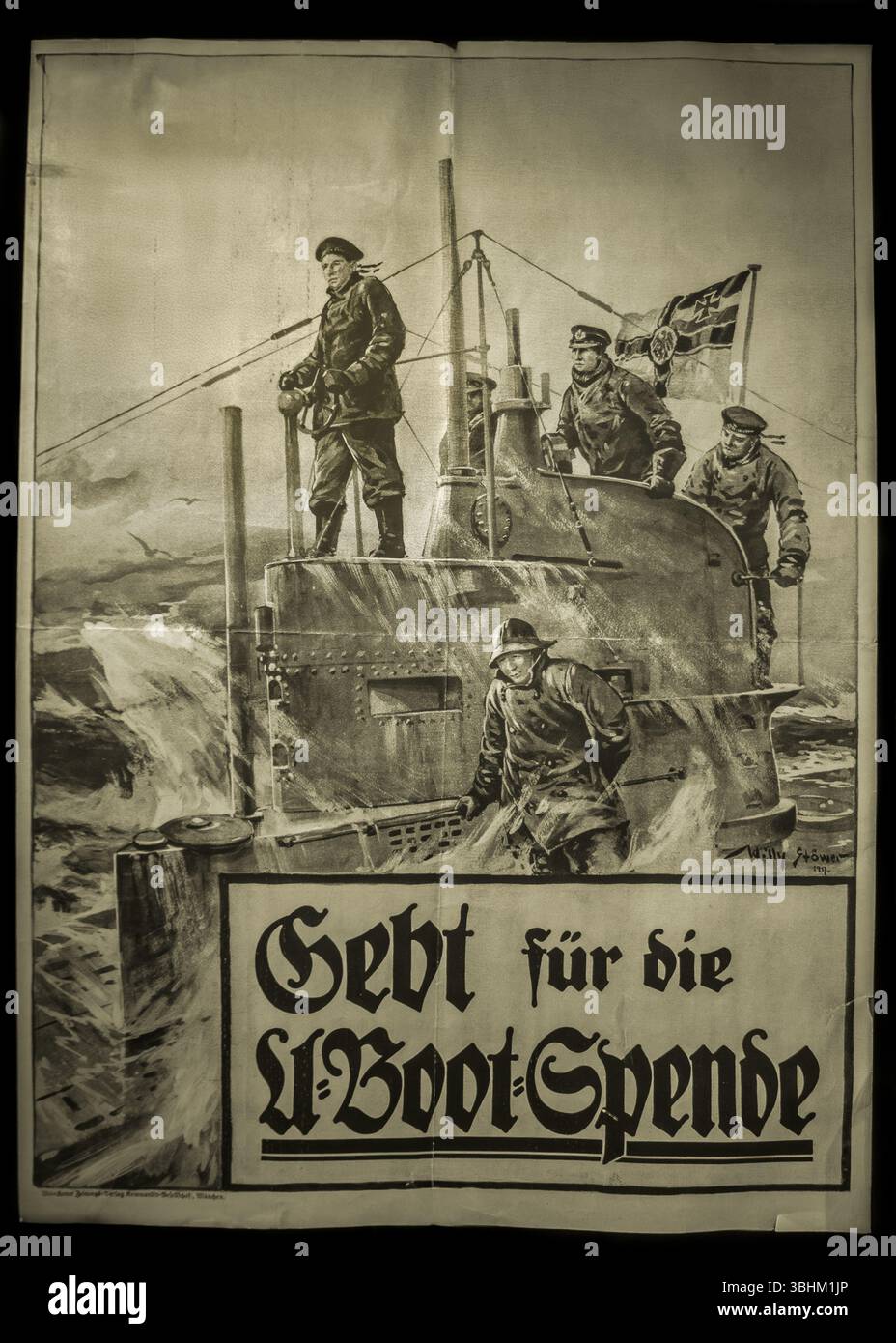 Ein Poster aus dem 2. Weltkrieg, das die deutsche Bevölkerung ermahnt, Geld für den Bau von U-Booten während des Zweiten Weltkriegs beizusteuern Stockfoto