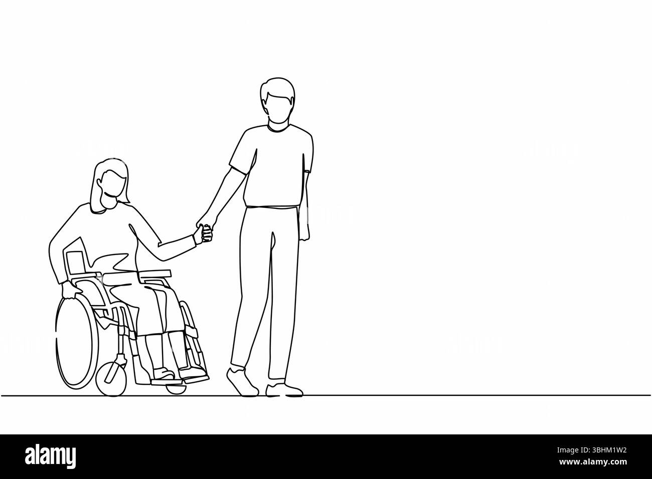 Ein einseitiger Zeichner Mann geht mit einer behinderten Frau, einer Frau im Rollstuhl durch den Park. Unterstützung bei der Rehabilitation behinderter Menschen. Schönes Paar. Stock Vektor