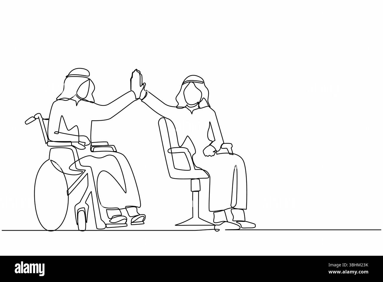 Eine einzige Linie zeichnen glückliche behinderte arabische Mann geben hohe fünf Kollegen. Büroangestellter sitzt im Rollstuhl. Kollege feiert Erfolg. Los Stock Vektor