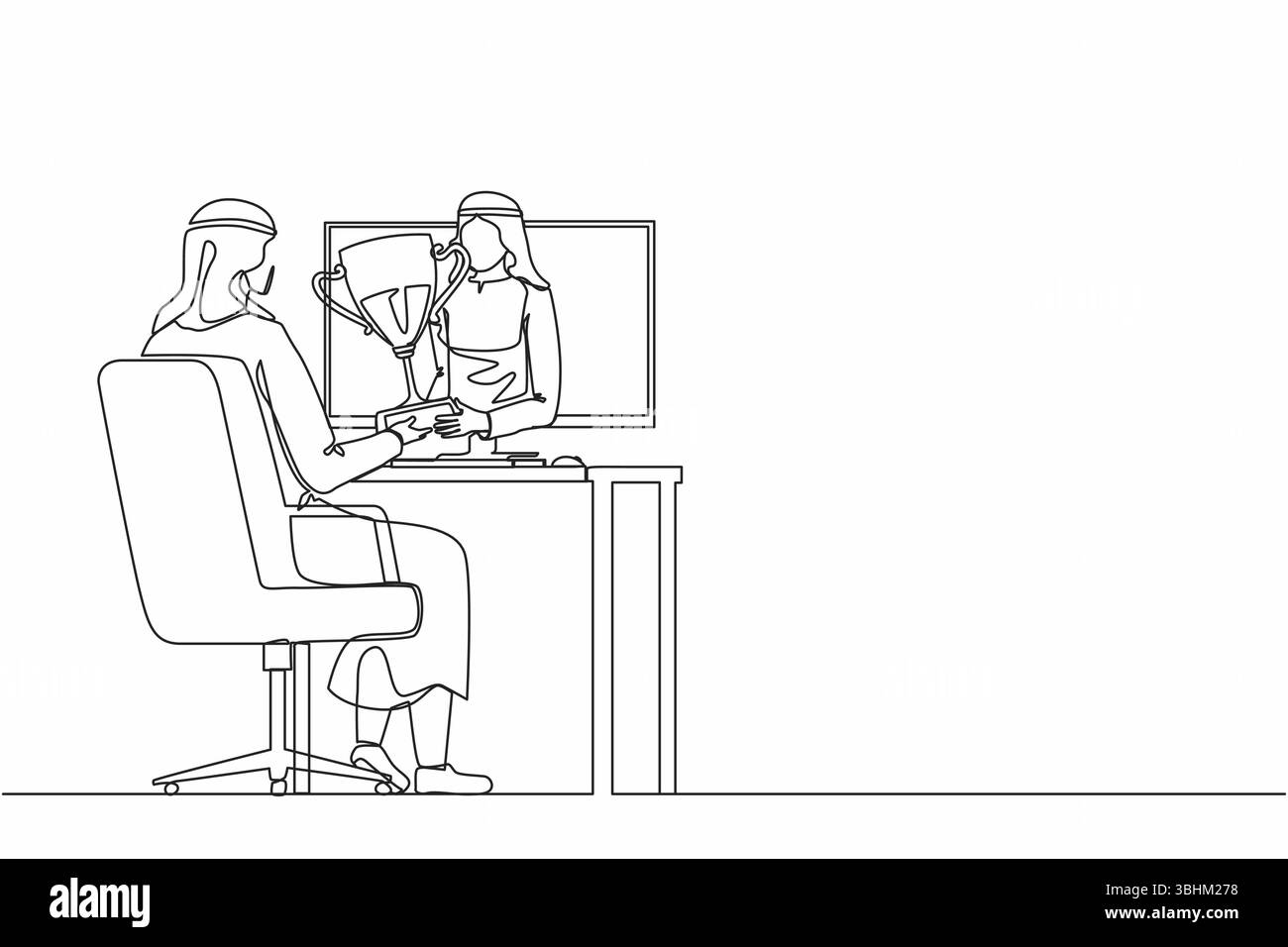 Eine einzige Linie, die einen jungen arabischen Geschäftsmann zeichnet, hält einen goldenen Becher von einem Monitor für einen glücklichen Büroangestellten. Auszeichnung im Online-Wettbewerb. Fortlaufend Stock Vektor