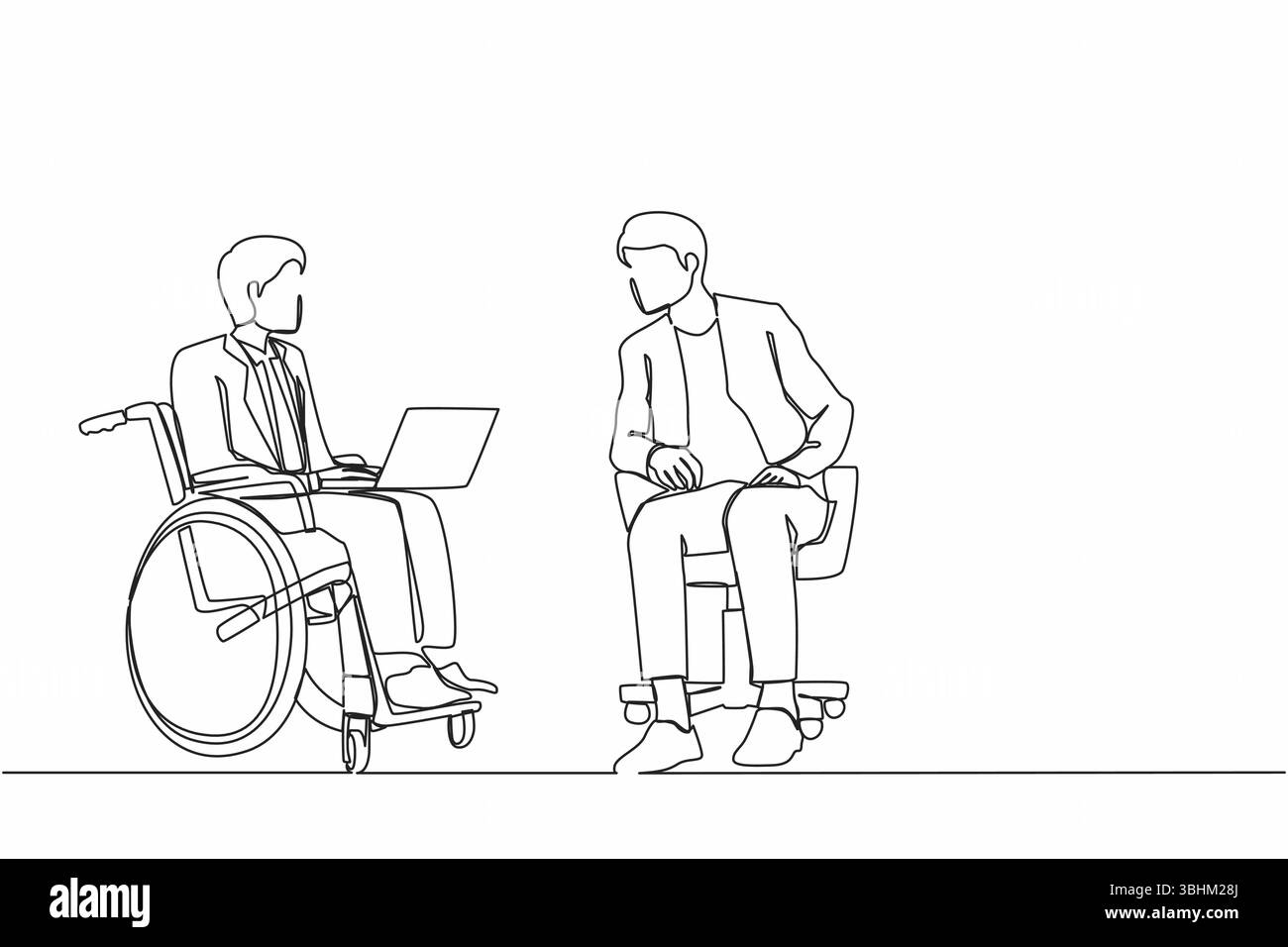 Mitarbeiter mit Behinderungen und Integration arbeiten im Büro zusammen. Behinderte Menschen im Rollstuhl mit einem Kollegen im Sitzen kommunizieren Stock Vektor