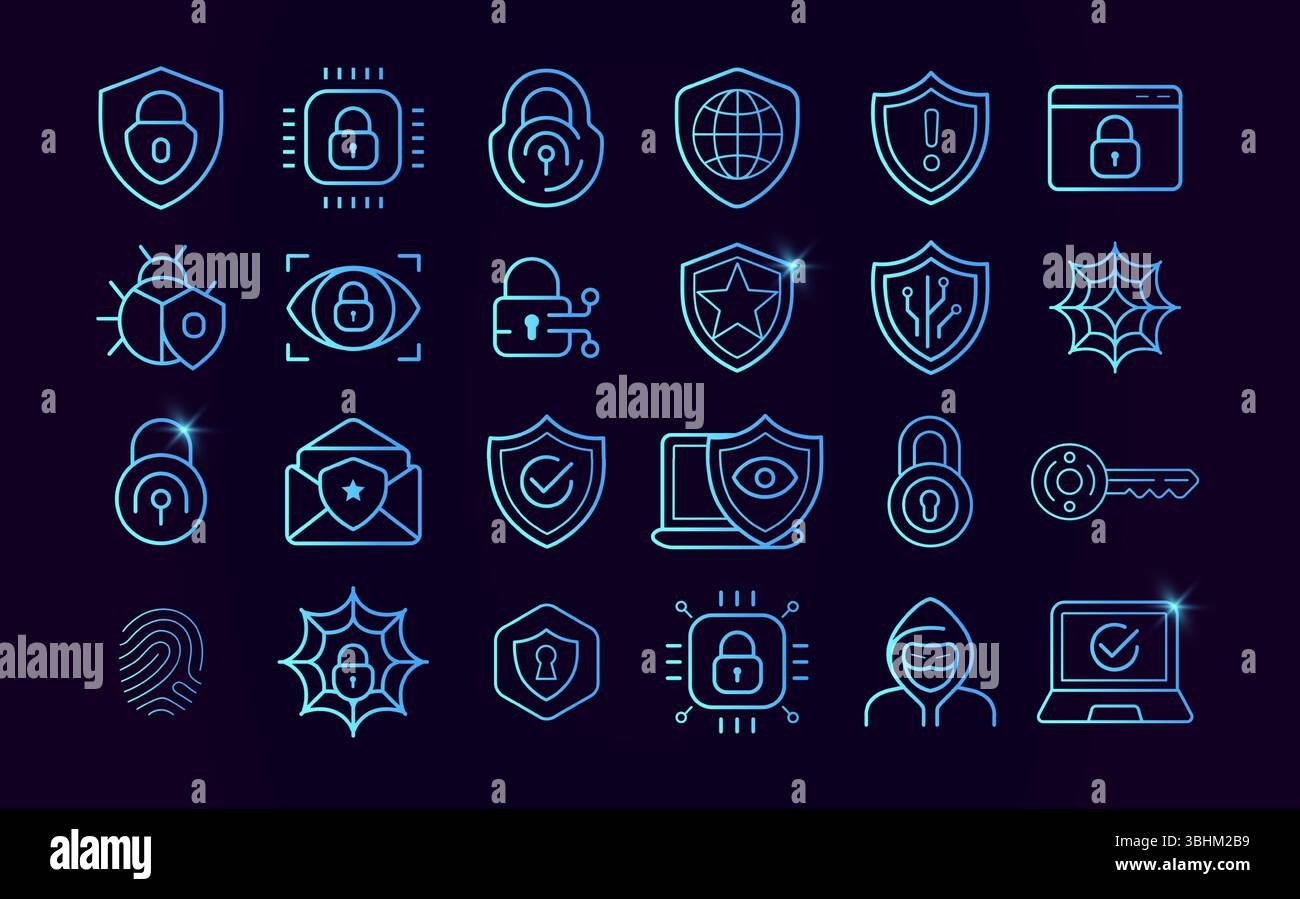 Cyber-Sicherheitssymbole. Digitales Sicherheitssystem Computernetzwerk. Datenangriffe schützen Symbole und Firewall-Zeichen. Leitungssicherung und Schutzvorrichtung. Sichere Privatsphäre Stock Vektor