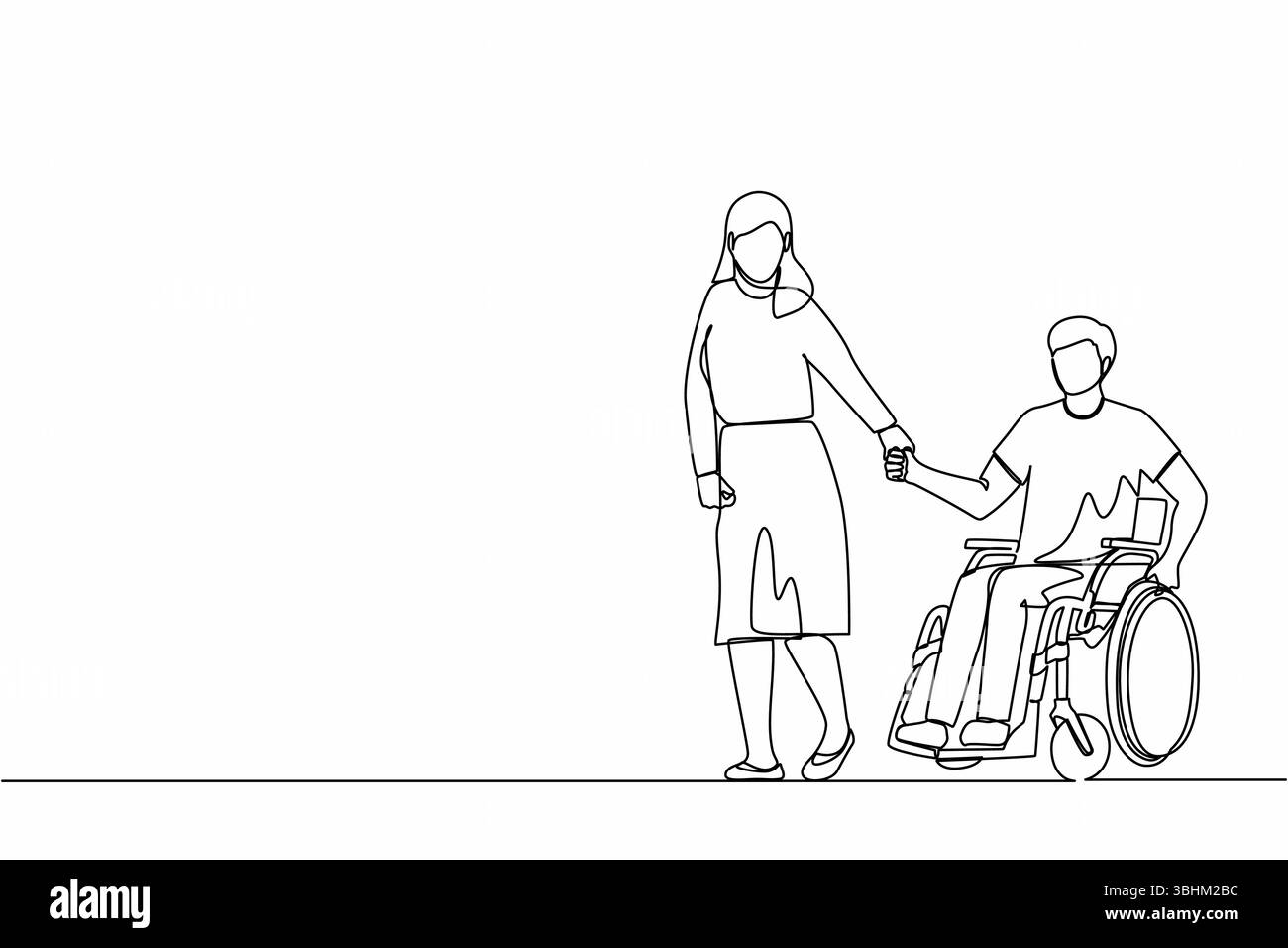 Durchgehend eine Linie zeichnende Ehefrau geht mit einem behinderten Ehemann und einem Mann im Rollstuhl durch den Park. Unterstützung bei der Rehabilitation behinderter Menschen. Schönes Coupl Stock Vektor