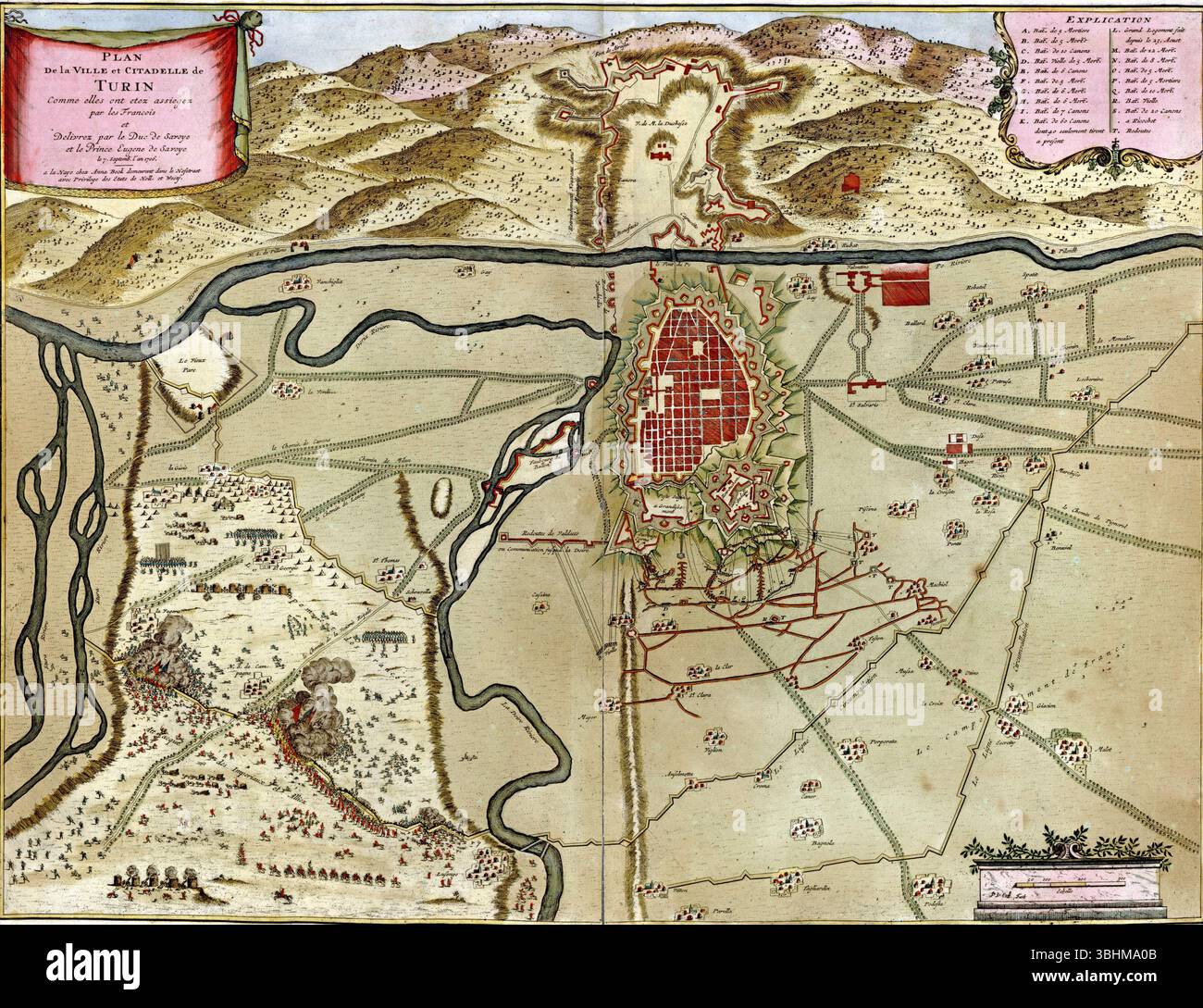 Antike Karte von Turin, Italien, die die Stadt während der Belagerung von 1706 durch die französische Armee zeigt. SEATTLE – 1. MÄRZ 2025 – Stockfoto