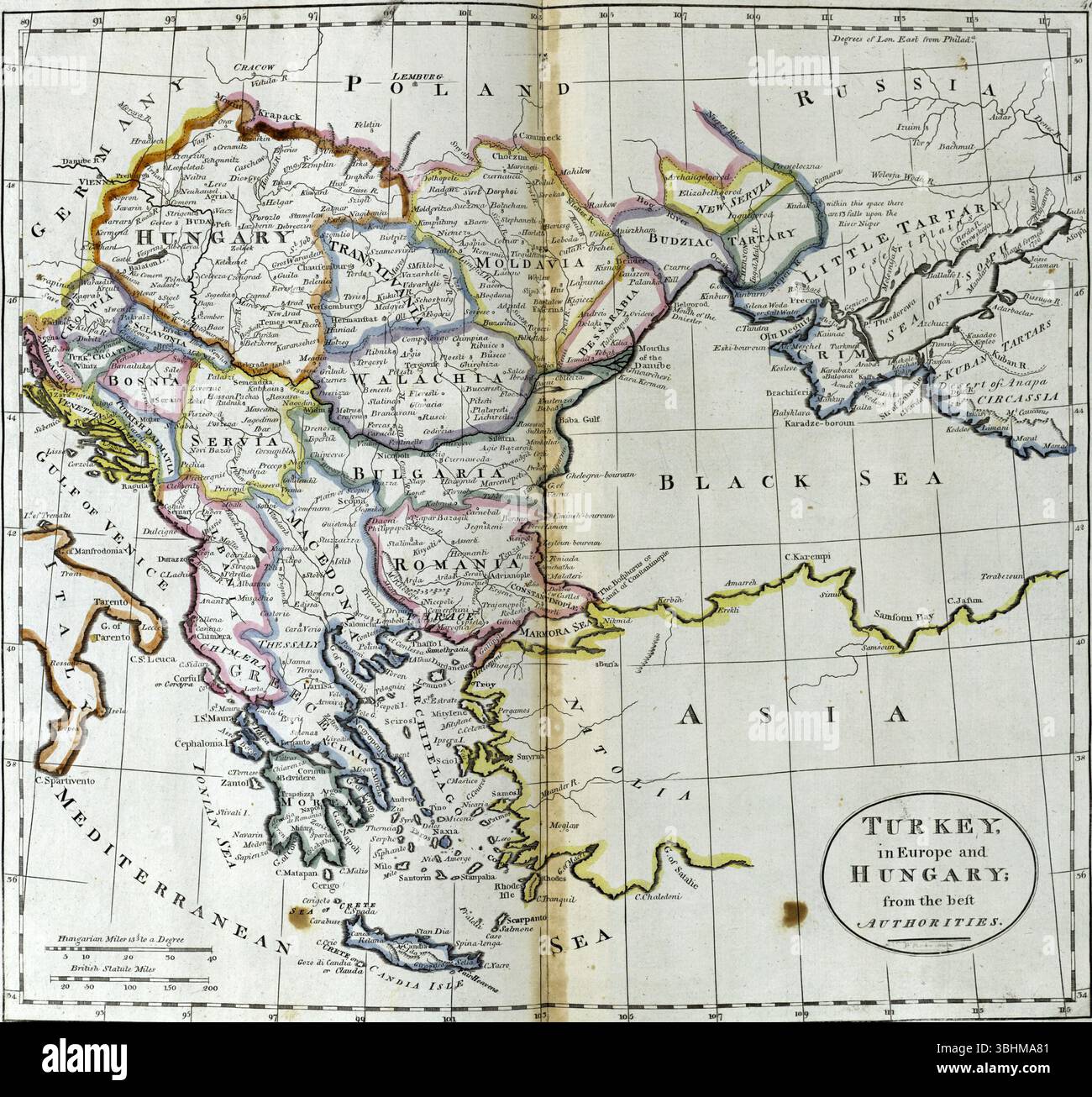 Antike gravierte Karte der Türkei in Europa und Ungarn aus dem 18. Oder 19. Jahrhundert, die Länder, Städte, Flüsse und andere geographische Besonderheiten zeigt Stockfoto