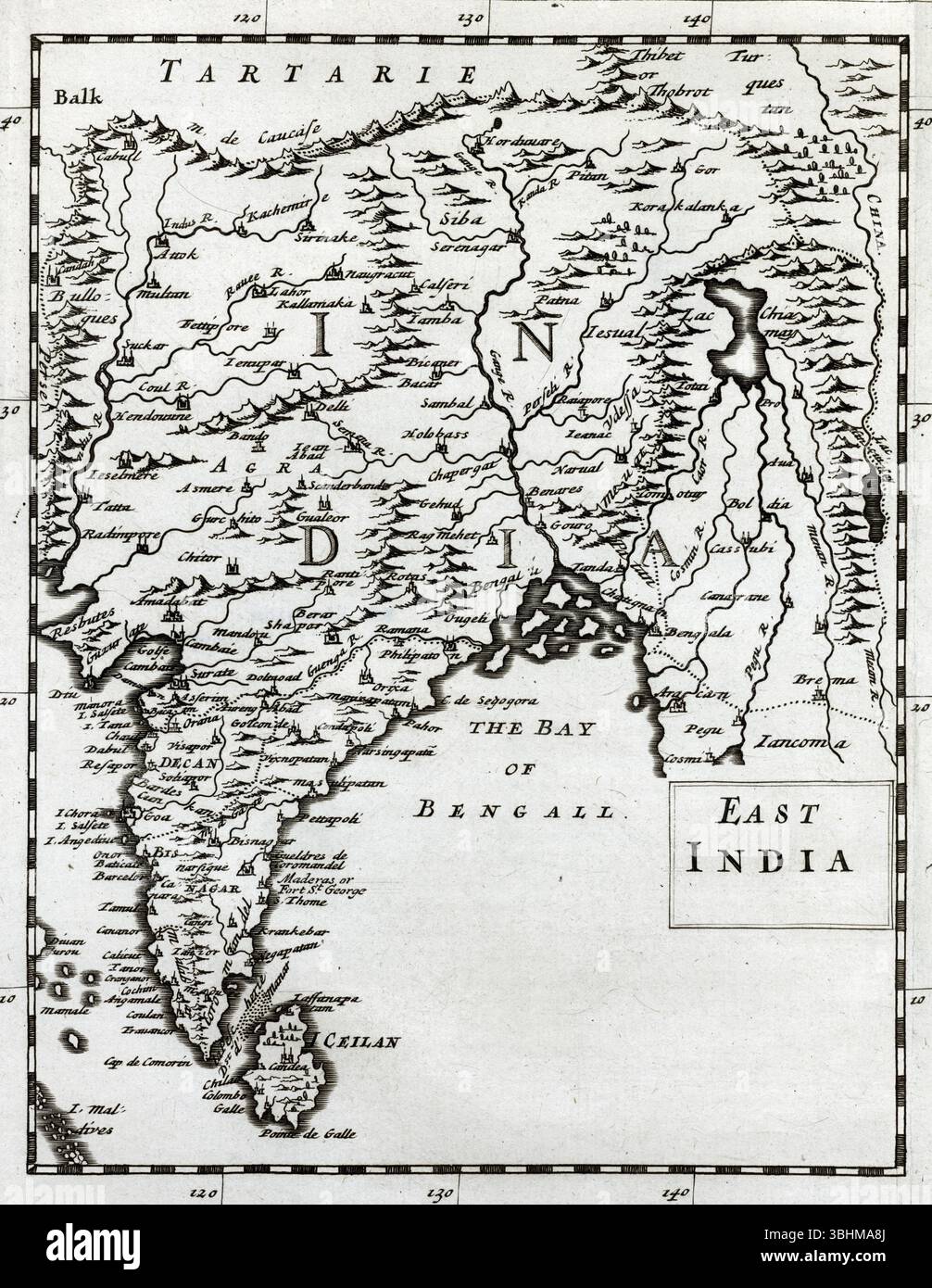 Vintage monochrome gravierte kartographische Illustration, die Indiens Landschaft, regionale Grenzen und urbane Zentren darstellt. SEATTLE – 1. MÄRZ 2025 – Stockfoto