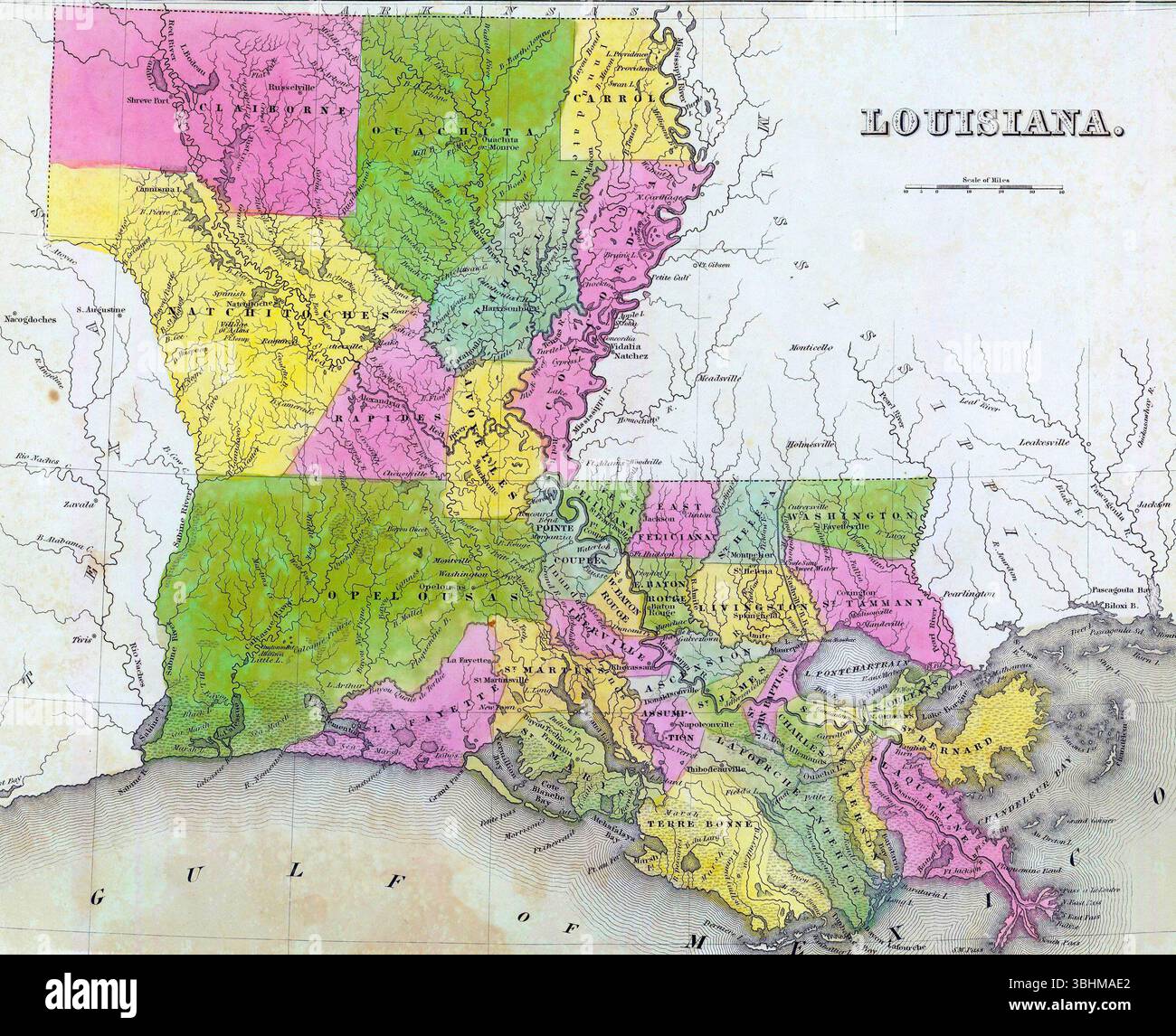SEATTLE – 11. September 2022 – diese handkolorierte Karte zeigt den Bundesstaat louisiana wie 1818 und zeigt die Grenzen und Siedlungen der Gemeinde Stockfoto