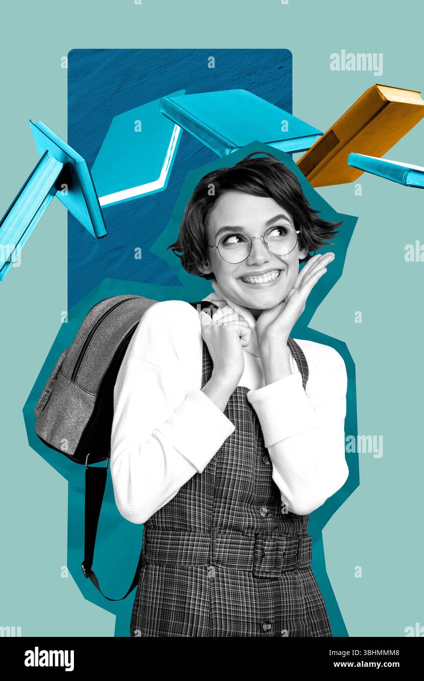 Kreatives Design Composite Artwork Collage der jungen Dame Stand Smile Tragen Rucksack Student Universität Hobbybuch Studium Leser Ausbildung Stockfoto