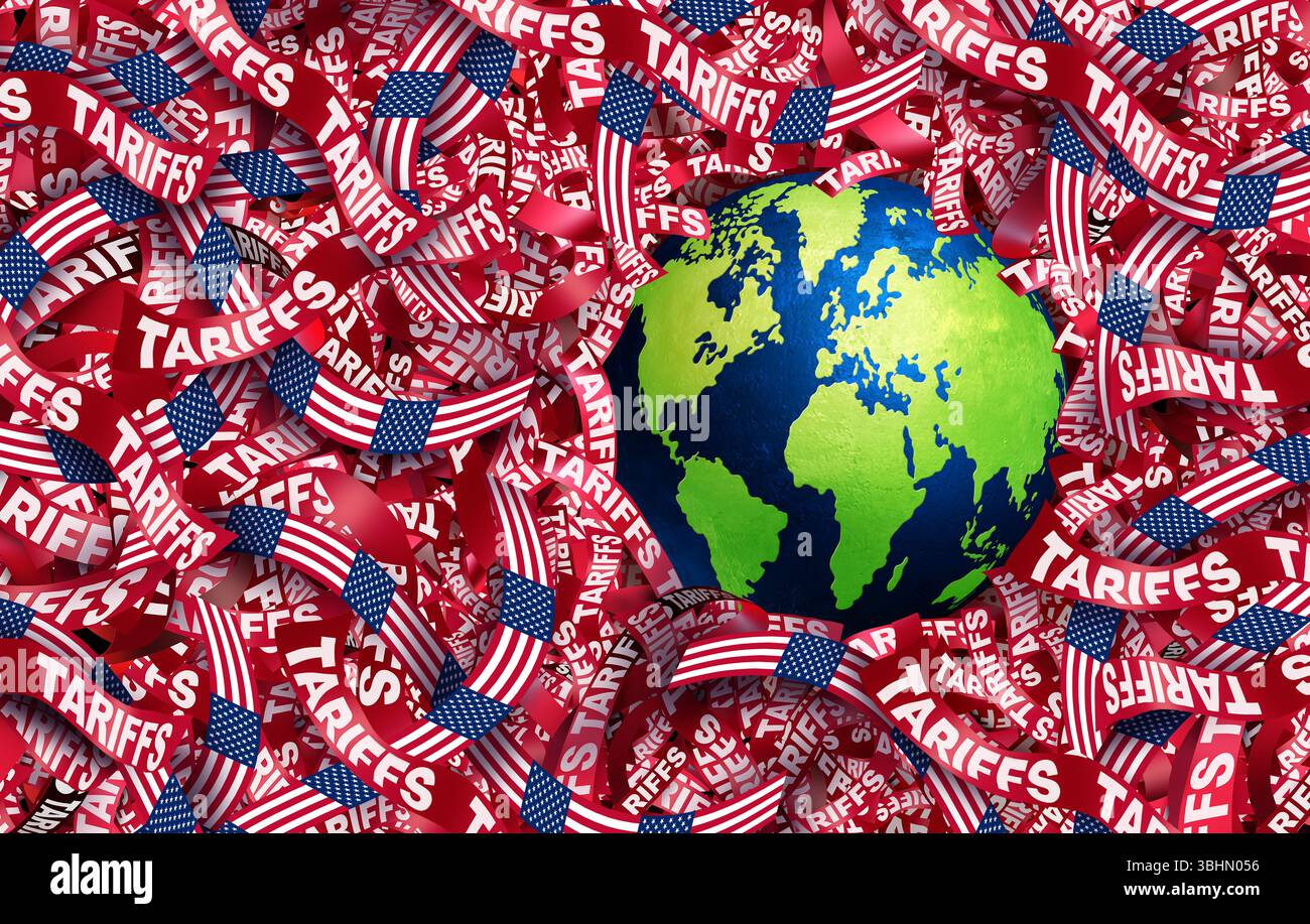 US International Tariffs Crisis USA Global Tariff Crisis und United States Confusion als internationaler Handelskrieg mit amerikanischen Importen und Exporten t t Stockfoto