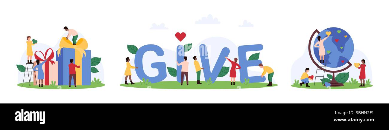 Wohltätigkeitsorganisation, Hilfe internationaler gemeinnütziger Organisationen und Community-Sets. Winzige Menschen spenden Geschenkboxen und Herzen an den Globus der Erde und halten Buchstaben von Give Word Cartoon Vektor Illustration Stock Vektor