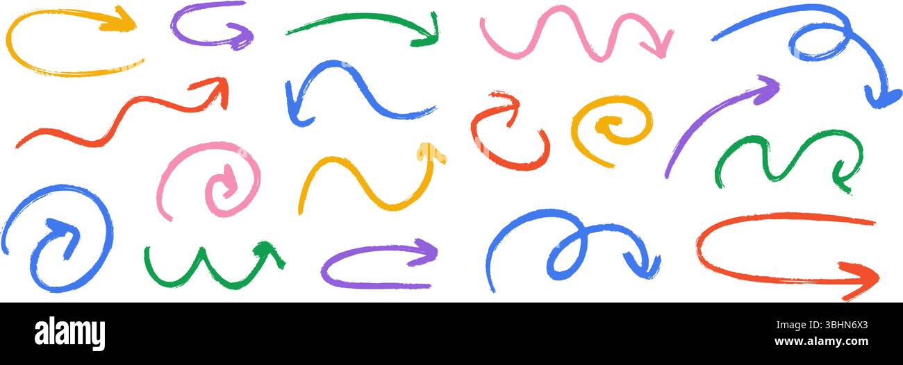 Handgezeichnete Buntstift-Kollektion mit gewelltem Pfeil. Farbige geschwungene, wackelnde und gekritzelte Pfeile gesetzt. Zeiger und Richtungslinien für anthrazitfarbene Skizzen. Pinselstriche mit Vektor-Pastellfarben, Kreide oder Markierungspinsel Stock Vektor