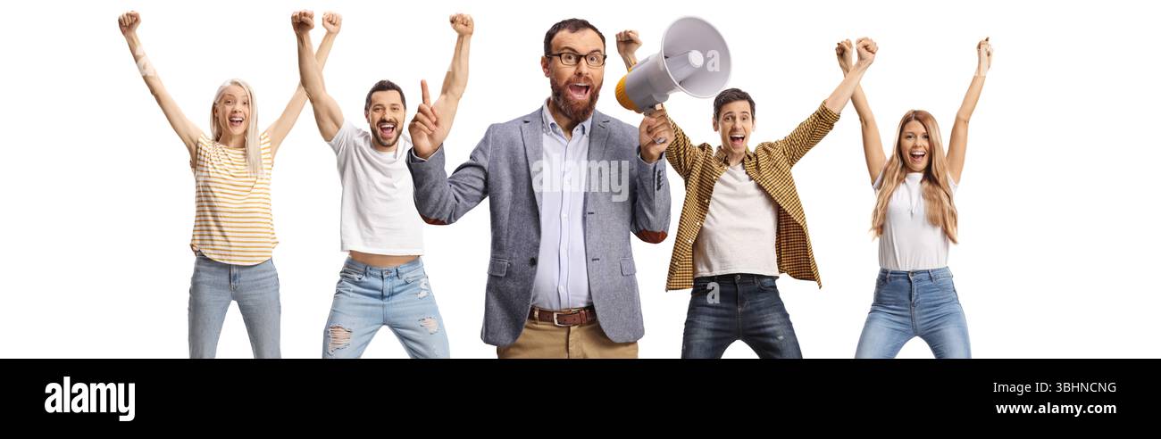 Leute in Aufregung jubeln und schreien mit einem Megaphon isoliert auf weißem Hintergrund Stockfoto