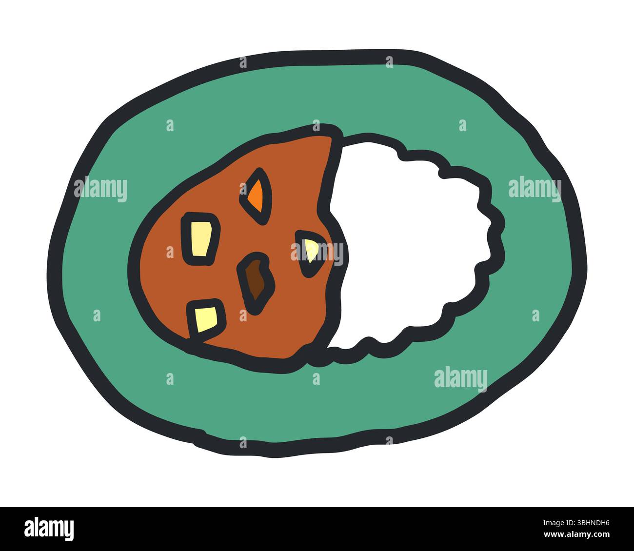 Handgezeichnete Illustration von Curryreis im Cartoon-Stil Stockfoto