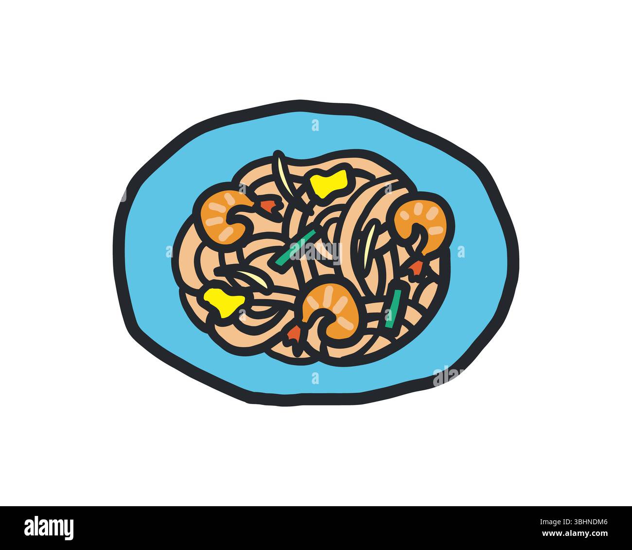 Handgezeichnete grobe Illustration von Pad thai mit Umriss Stockfoto