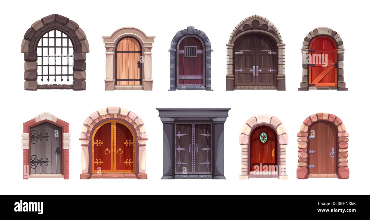 Alte Schlosstüren in Zeichentrick. Eingänge in den alten Palast, schwere geschmiedete Holztür, Fantasy-Spielbögen mit Steinsäulen, Eingang in Kirche oder Kathedrale, Stock Vektor