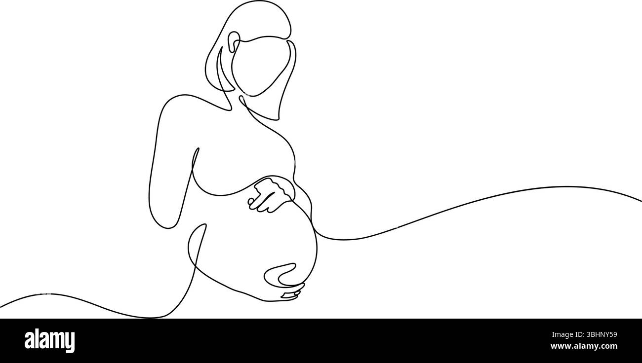Linearkunst der Schwangeren kontinuierlich. Mutter berührende Bauch Hand gezeichnete dekorative Minimalismus Vektor-Illustration Stock Vektor
