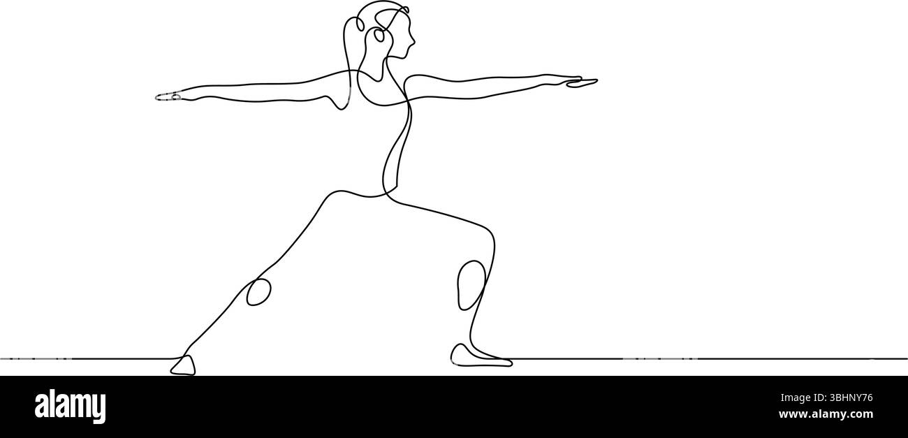 Frau, die Yoga ausübt, posiert Virabhadrasana, Krieger eine Linie zeichnet fortlaufende Kontur handgezeichnet Stock Vektor