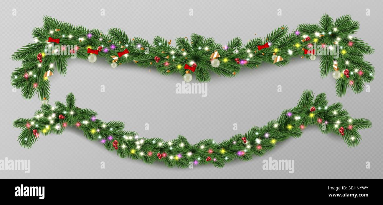 Festliche Weihnachtsgirlande mit grünen Tannenzweigen, die für die Weihnachtsfeier dekoriert sind - realistische immergrüne Nadeln mit bunten Lichtern, rote Schleife, goldene Kugeln. Saisonale Winterdekoration Stock Vektor