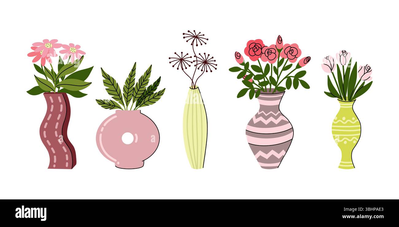 Set von Vasen mit zarten rosa und roten Blüten Stock Vektor