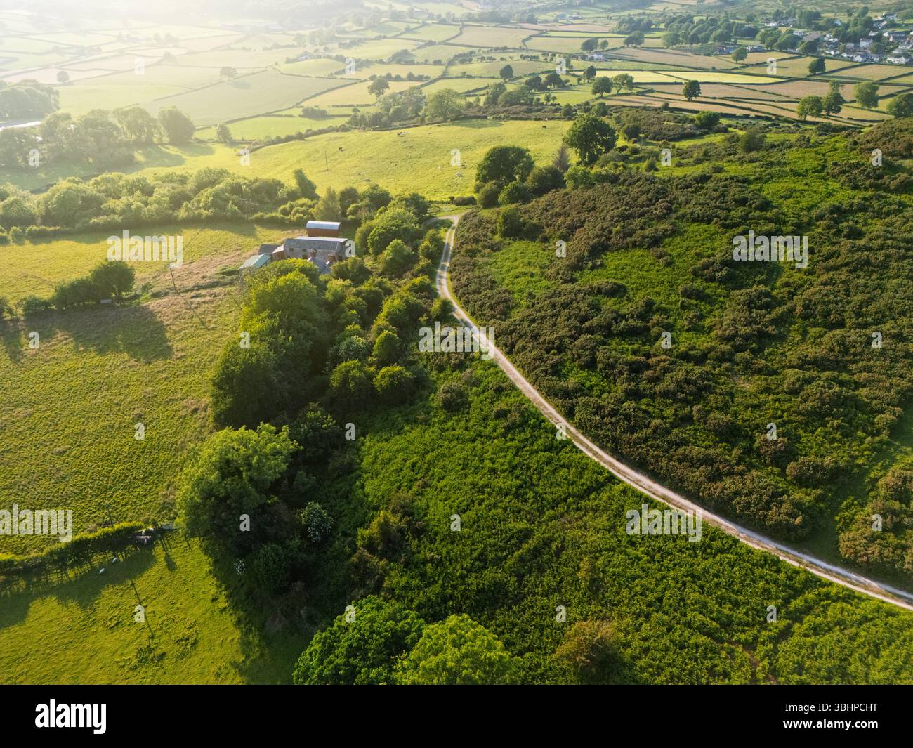 Aus der Vogelperspektive auf die sanfte Landschaft in der Nähe des Dorfes Moel-y-crio in Nordwales, während die Sonne tief am Himmel zu werden beginnt, Großbritannien Stockfoto