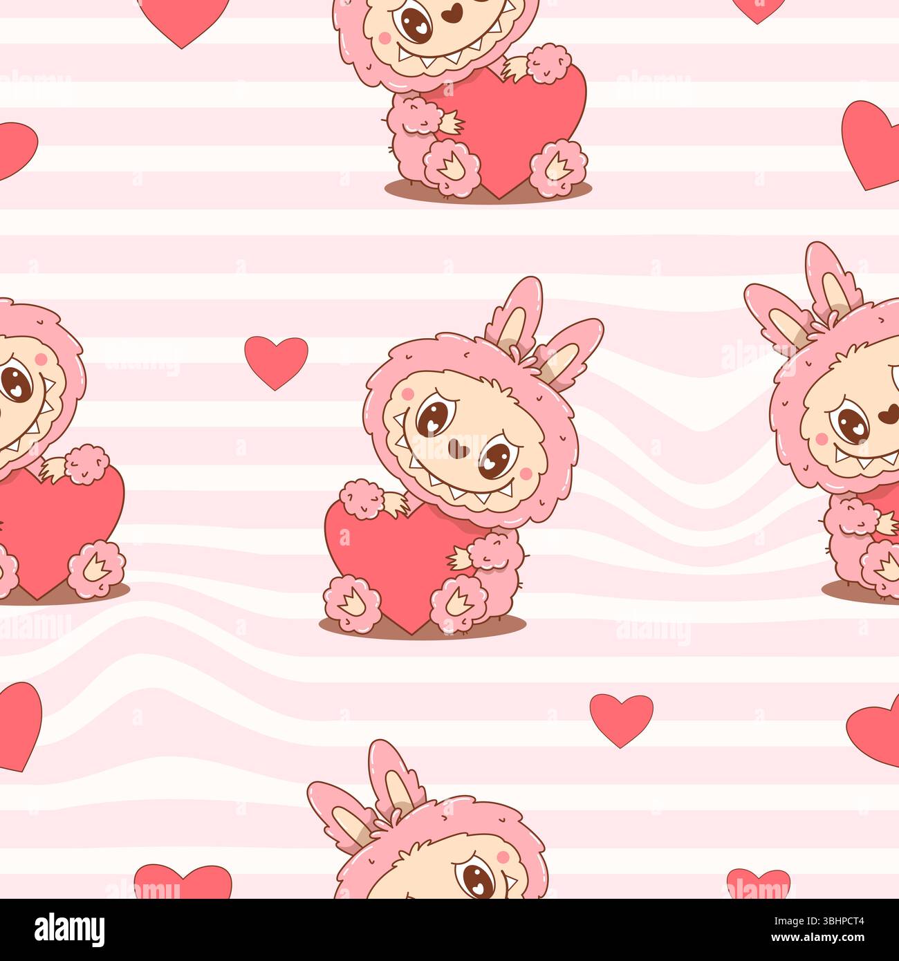 Nahtloses Muster mit niedlichem Monster Spielzeug Labubu mit Herz auf rosa gestreiftem Hintergrund. Romantische Cartoon-lustige Kawaii-valentine-Figur. Vektorillustr Stock Vektor