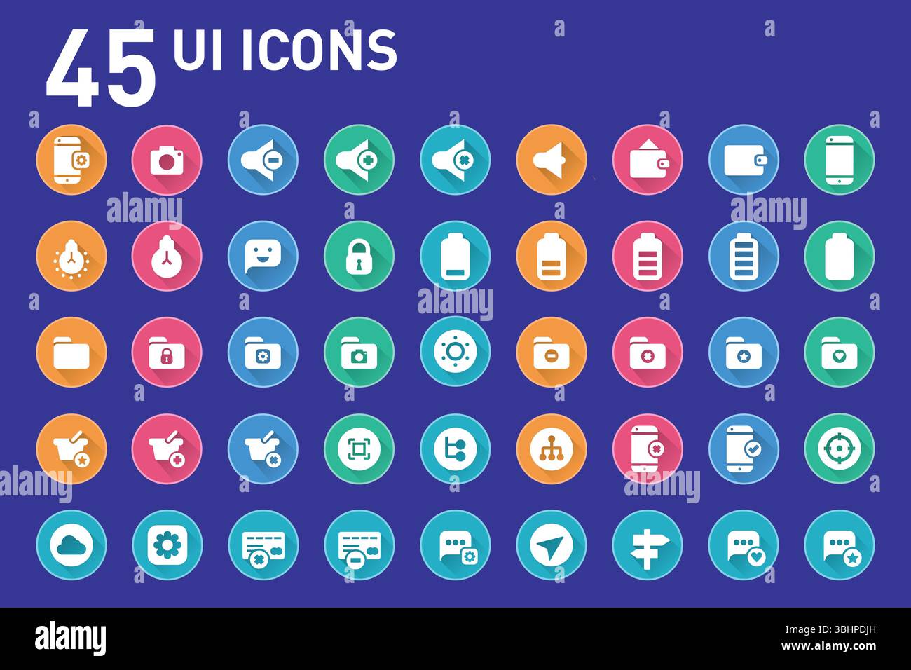 Vektorillustration von 45 Symbolen für die Benutzeroberfläche – bereinigte und minimale UI-Elemente für Web- und App-Design Stock Vektor