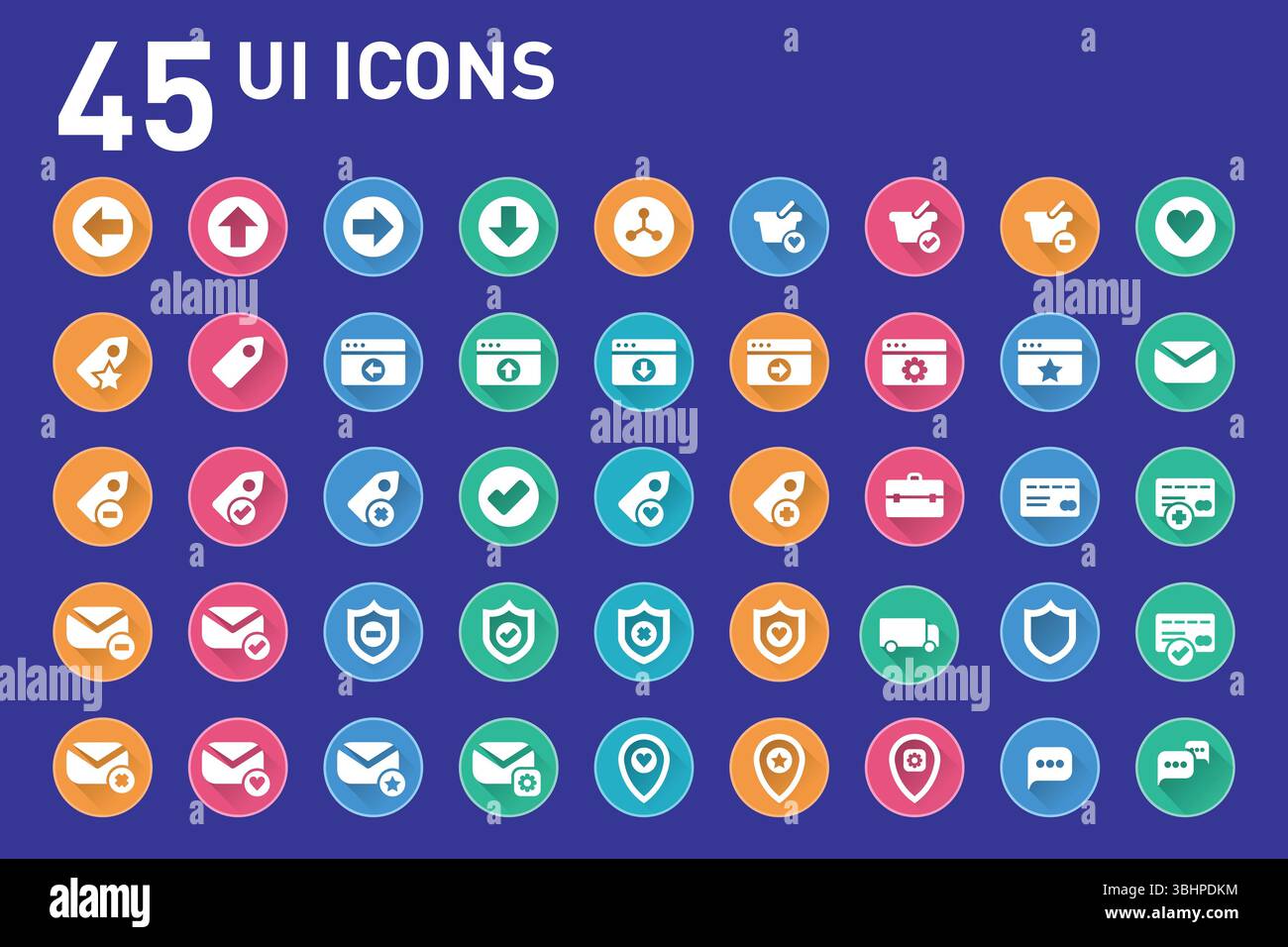 Vektorillustration von 45 Symbolen für die Benutzeroberfläche – bereinigte und minimale UI-Elemente für Web- und App-Design Stock Vektor