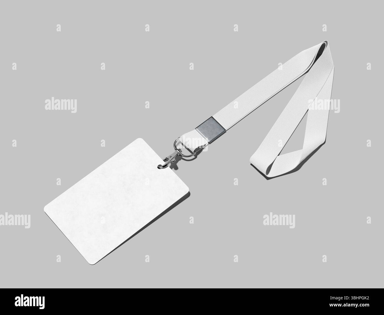 Weißes, leeres ID-Abzeichen mit Lanyard Mockup 3D Rendering Name Tag Stockfoto