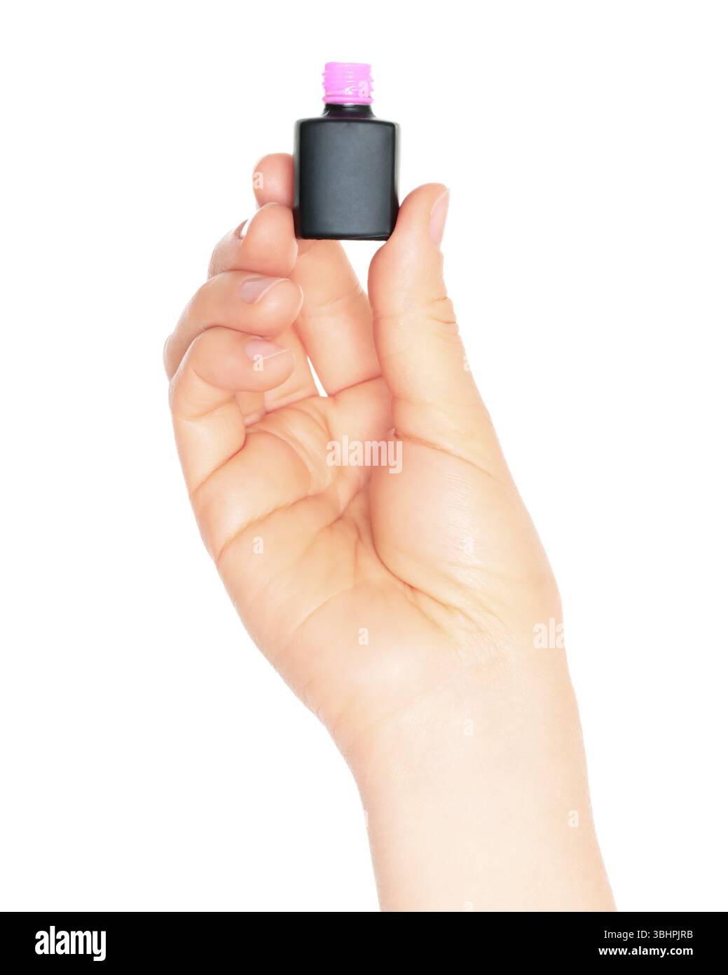 Frau Hand hält kosmetische nagellackflasche offen, isoliert auf einem transparenten Hintergrund, kosmetisches Konzept Stockfoto