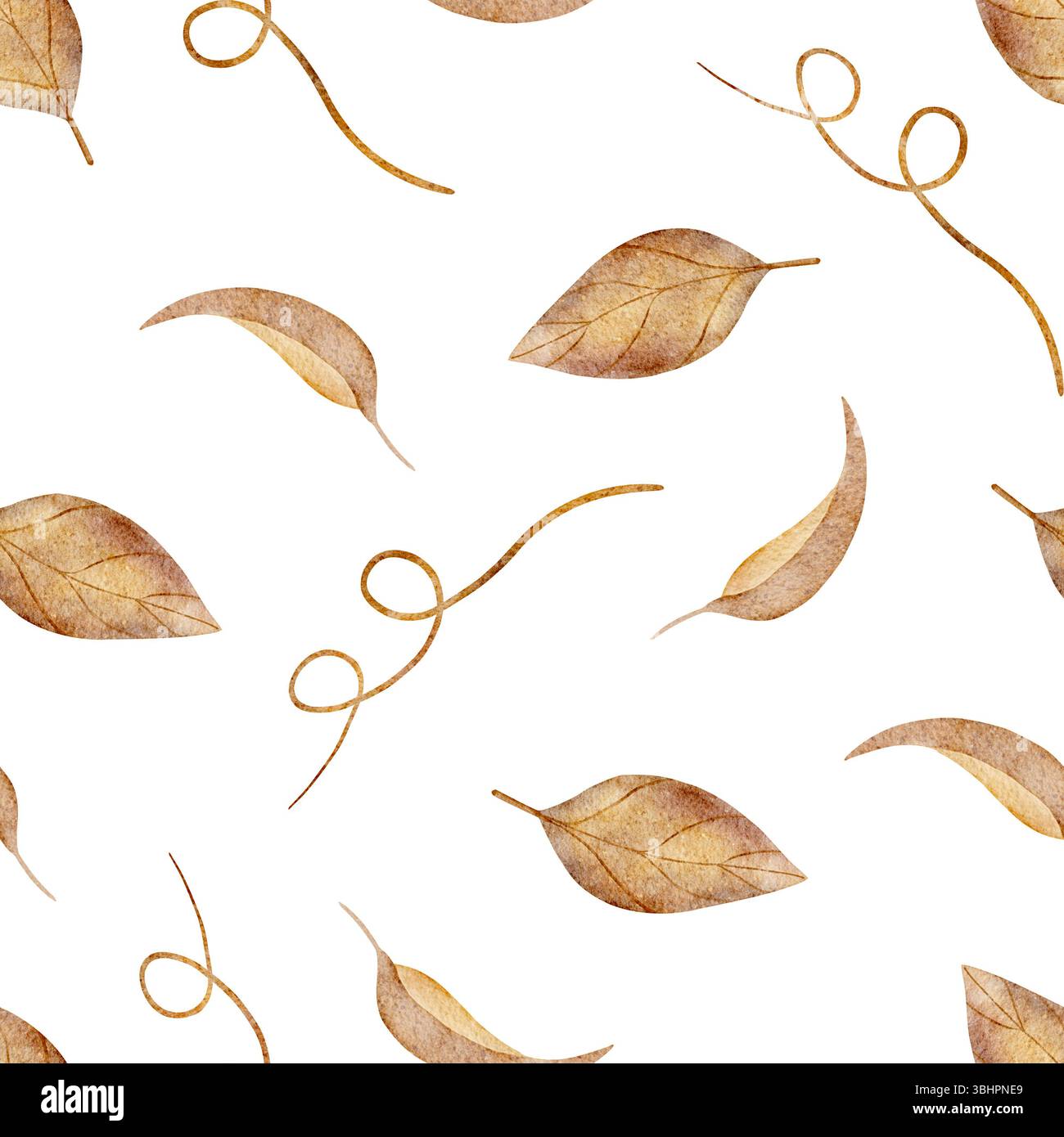 Muster Aquarellabbildung orange Blätter, Laub fällt im Herbst, handgezeichnet gelb beige. Nahtloser Druck im Retro-Stil auf weißem Hintergrund Stockfoto