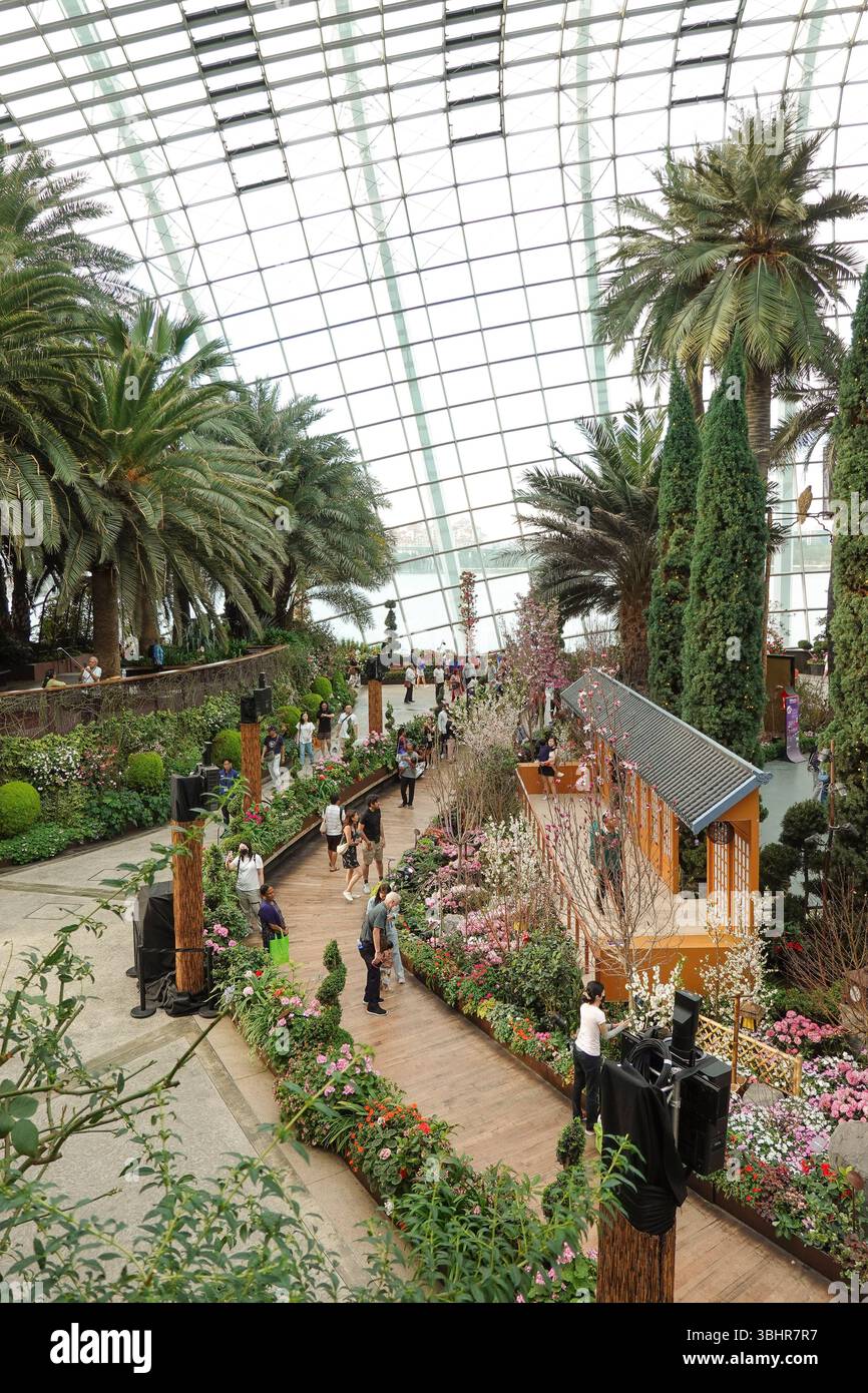 Singapur, der Flower Dome ist ein Teil des Gardens by the Bay, einem 101 Hektar großen Naturpark im Zentrum Singapurs. Der Flower Dome beherbergt Pflanzen aus fünf Kontinenten, die in neun verschiedenen Gärten ausgestellt werden. Foto © Fabio Mazzarella/Sintesi/Alamy Stock Photo Stockfoto
