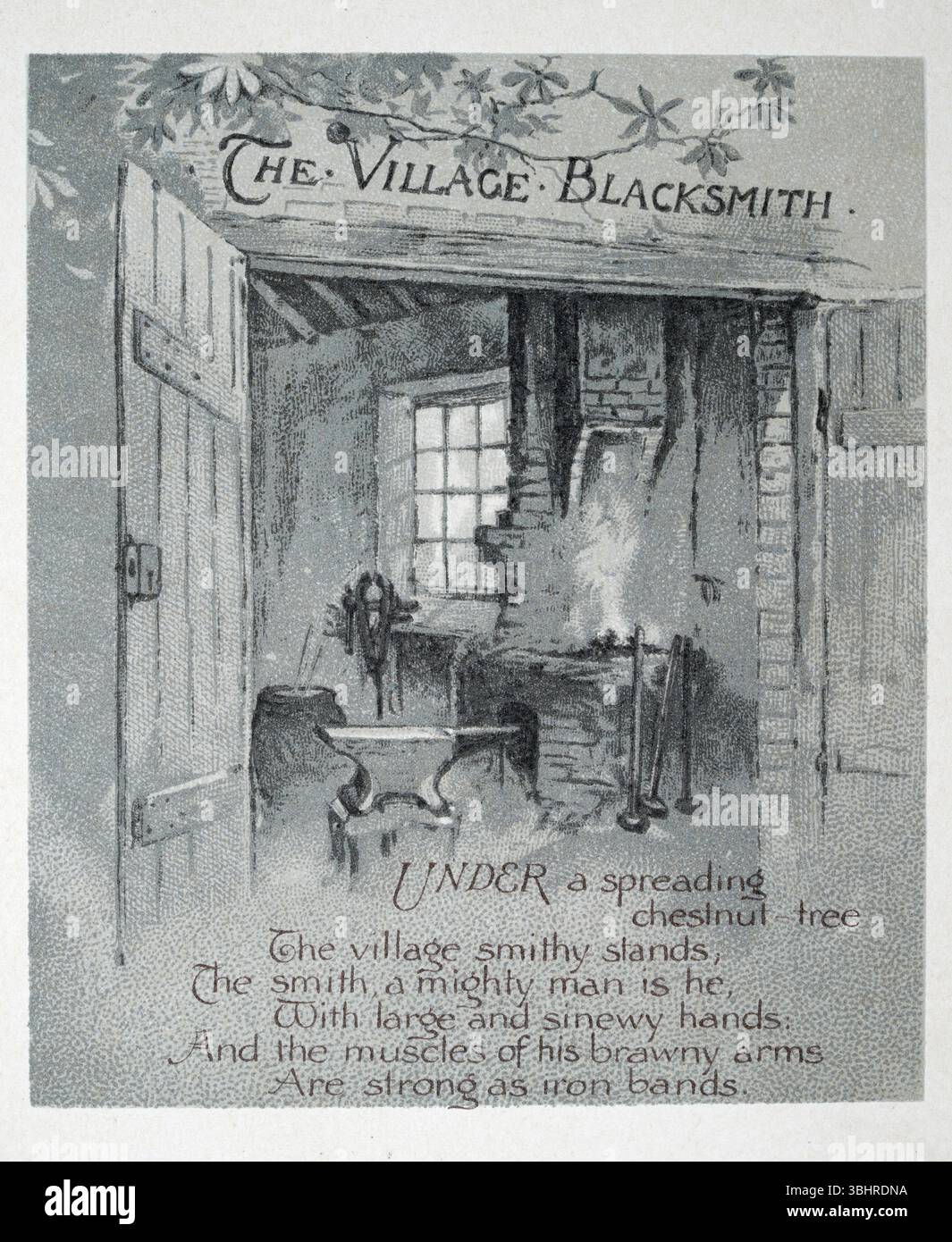 Old Forge, Smiths Werkstatt, Seite für The Village Blacksmith von Henry W. Longfellow, viktorianisch, 19. Jahrhundert Stockfoto