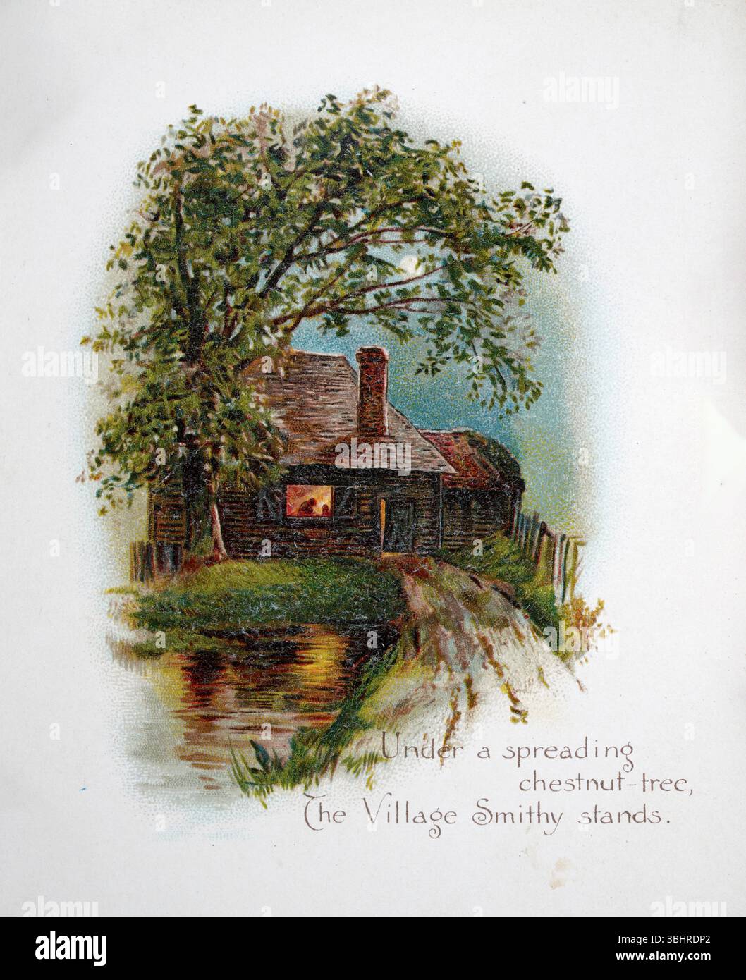 Unter einem sich ausbreitenden Kastanienbaum steht die Dorfschmiede Village Blacksmith von Henry W. Longfellow Gedicht, viktorianische Poesie 19. Jahrhundert Stockfoto