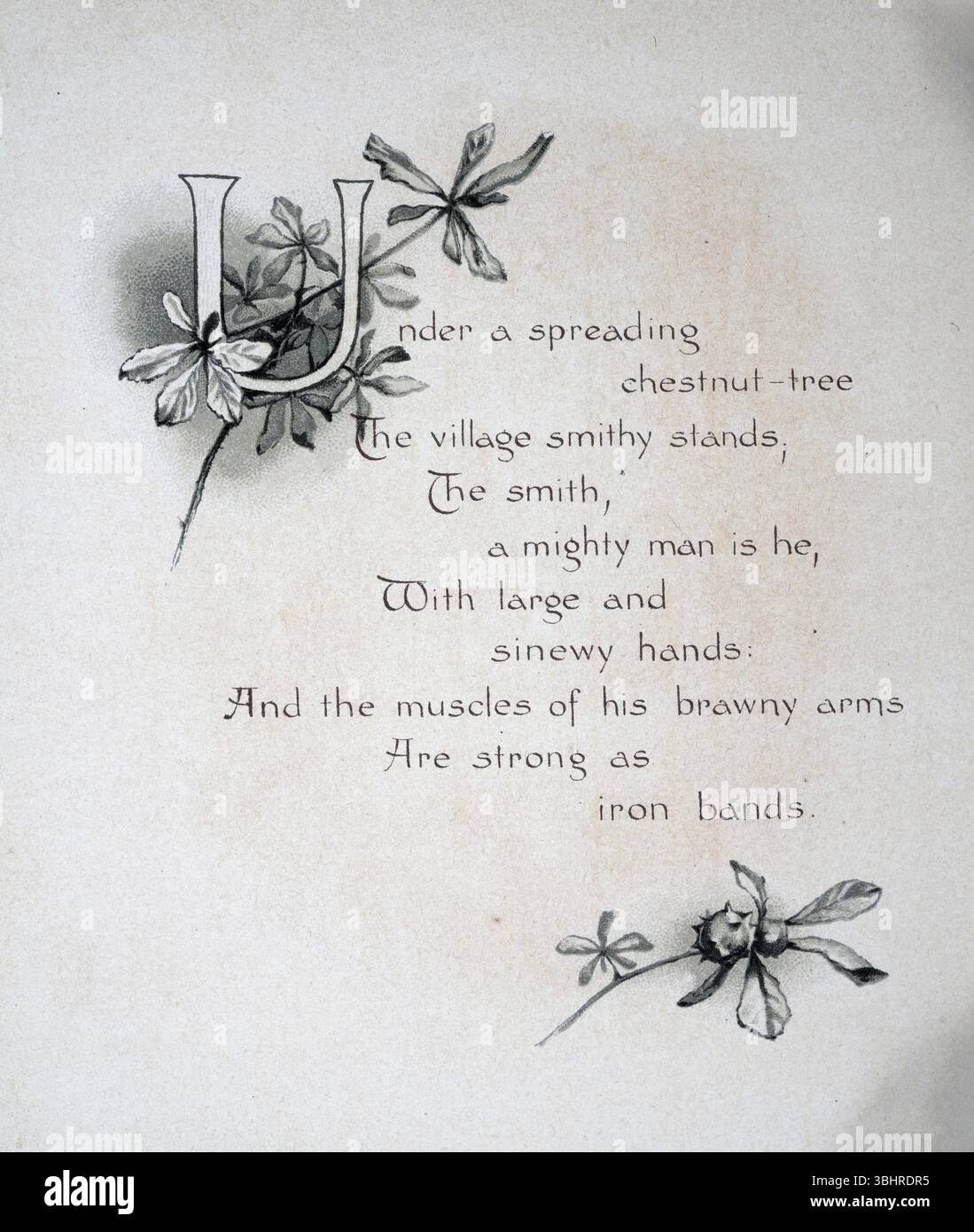 Seite für The Village Blacksmith von Henry W. Longfellow Gedicht, viktorianische Poesie 19. Jahrhundert Stockfoto