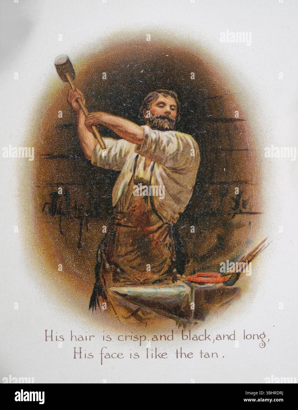 Schmied, Farrier, Swinging his Hammer, Making a Hufeisen on a Amvil, Seite für The Village Blacksmith von Henry W. Longfellow Gedicht, viktorianische Poesie 19. Jahrhundert Stockfoto