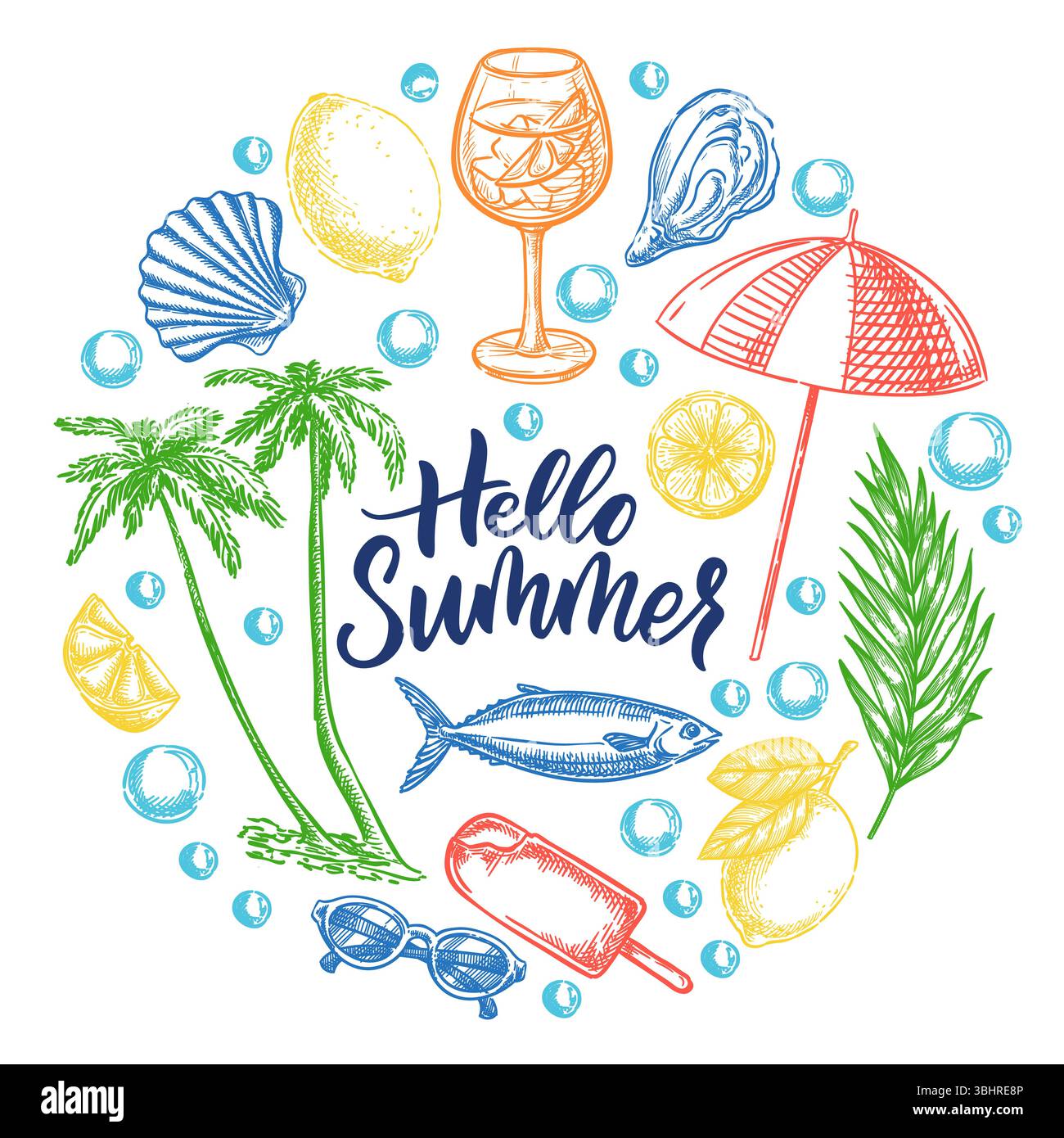 Hallo Sommer Kalligrafie mit Urlaub handgezeichneten Elementen Palmen, Zitrone, Sardinen, Cocktail, Regenschirm. Vektorskizze im Kreislayout zum Drucken, h Stock Vektor