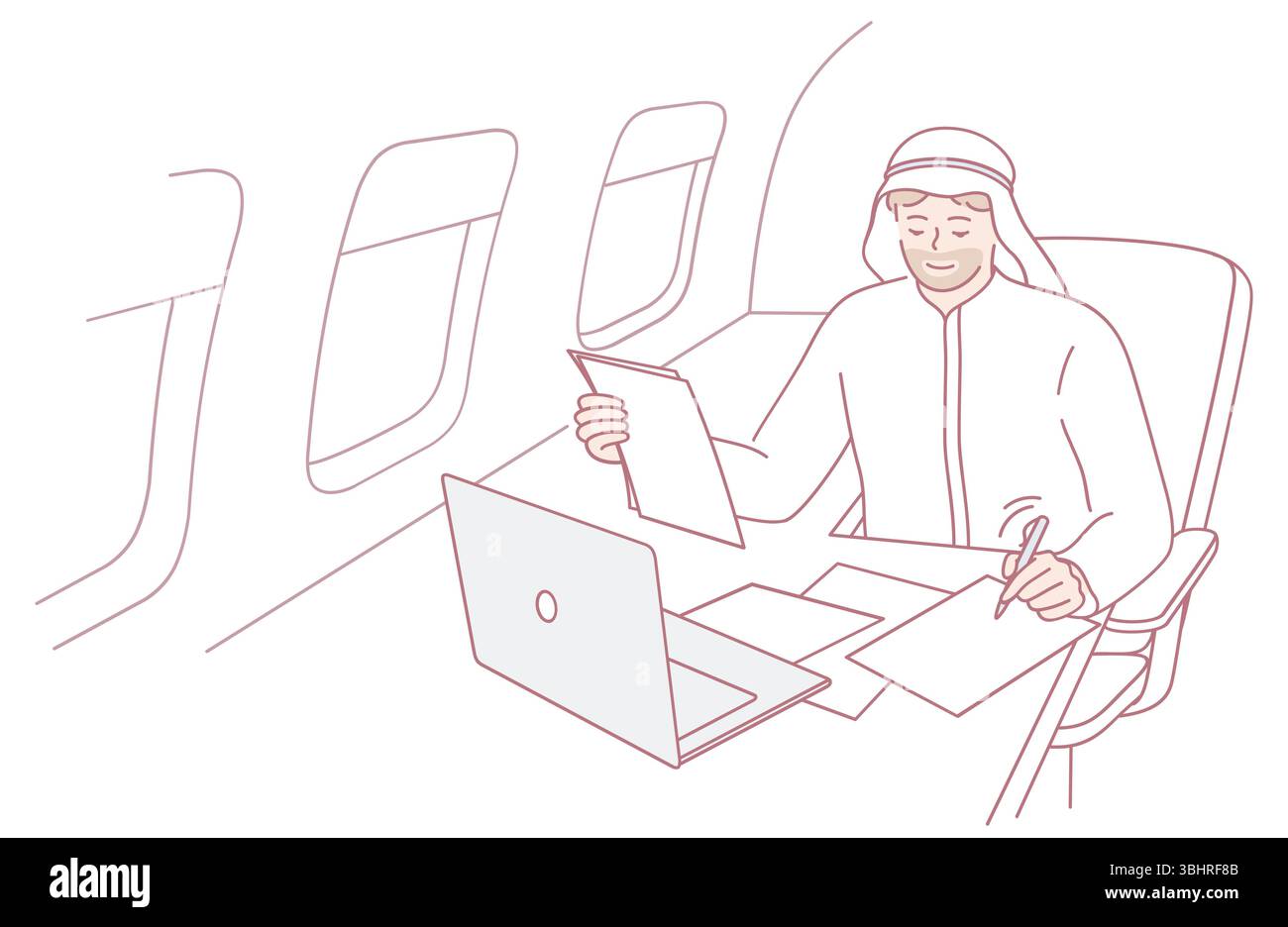 Eine hochprofessionelle Person, die wichtige Dokumente sorgfältig überprüft und während eines Fluges an einem Laptop arbeitet Stock Vektor