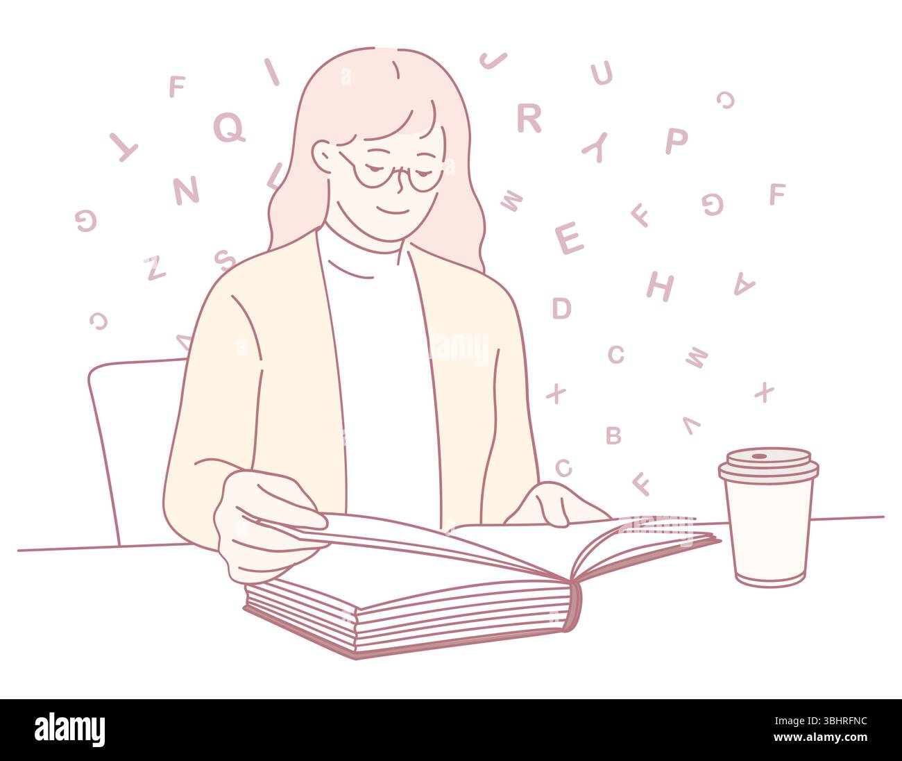 Eine Person, die sich auf ein Buch konzentriert, mit bunten Buchstaben, die in der Nähe schweben, die Kreativität und Wissen symbolisieren Stock Vektor