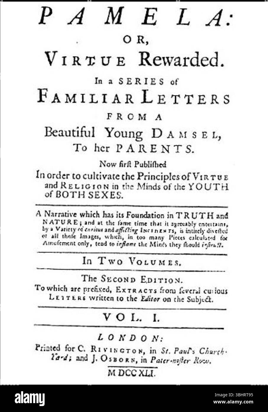 PAMELA: Or, Tugend belohnt Titelseite des Romans von Samuel Richardson aus dem Jahr 1740 Stockfoto