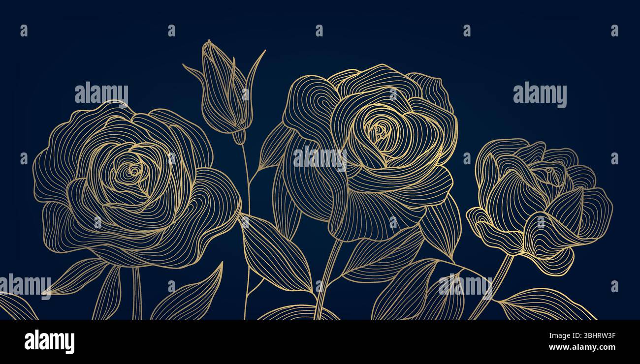 Vektorlinie goldene Rosen Hintergrund, elegante Blumen japanische Illustration, Natur Blumenblüte verziert. Romantische Gartentapete. Stock Vektor