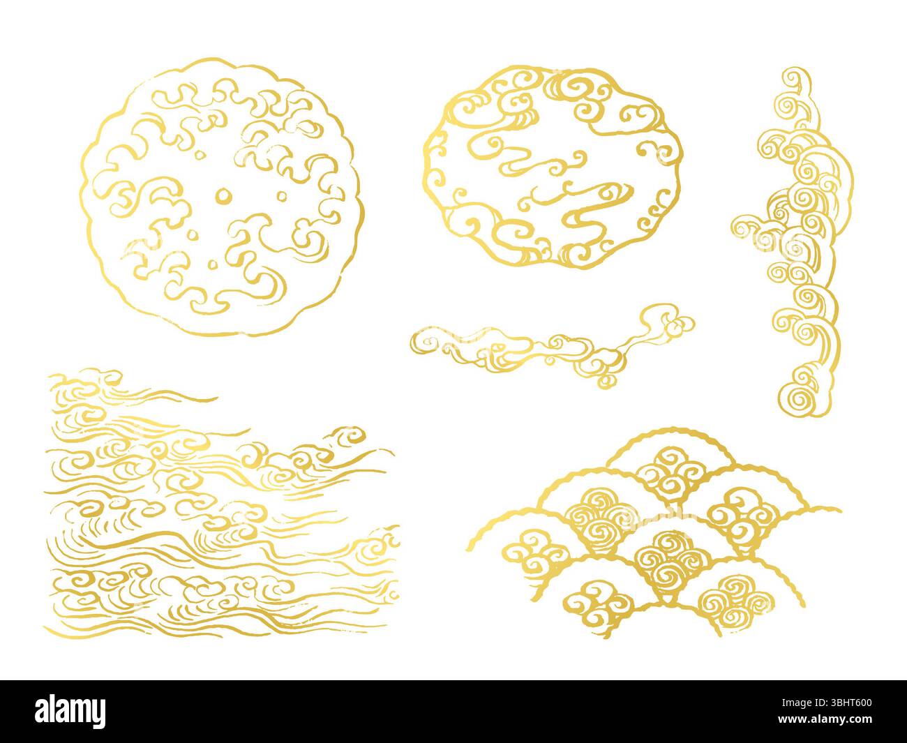 Goldene Strichgrafik im japanischen Stil. Satz von Pinselstrichen. Konzept des Meeres, Wassersprühnebel und Whirlpools. Japanische Wave-Kollektion Stockfoto