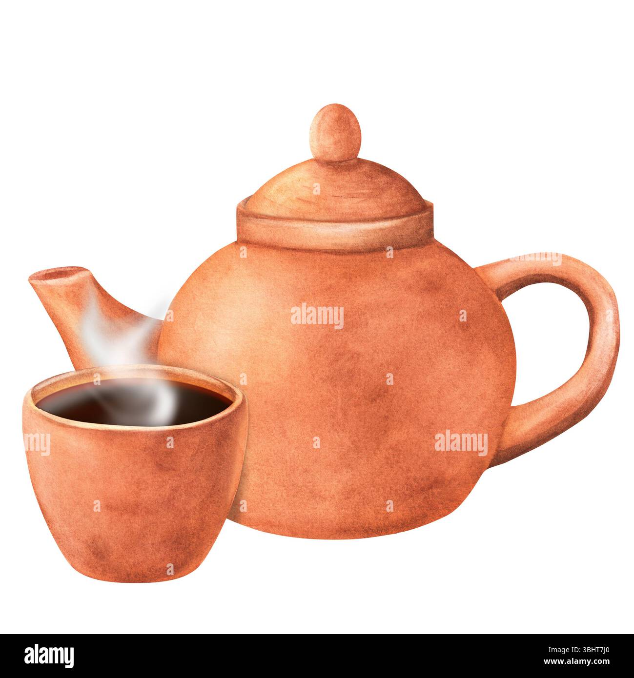 Teekanne aus Terrakotta und Teetasse voller heißem Tee. Clipart für orientalische Teezeremonie. Handgezeichnete Aquarellillustration isoliert. Für Postkarren Stockfoto
