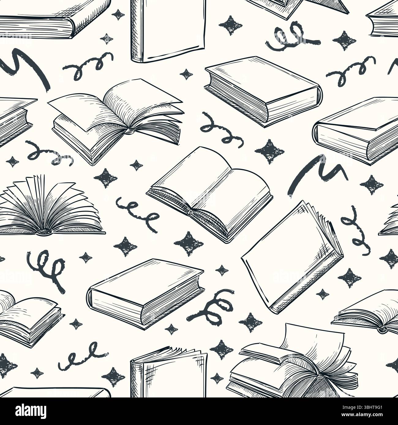Nahtloses Muster mit handgezeichneten offenen und geschlossenen Büchern auf weißem Hintergrund. Illustration von Vektorskizzen für Bildung, Bibliothek, Buchhandlung oder Lesen Stock Vektor