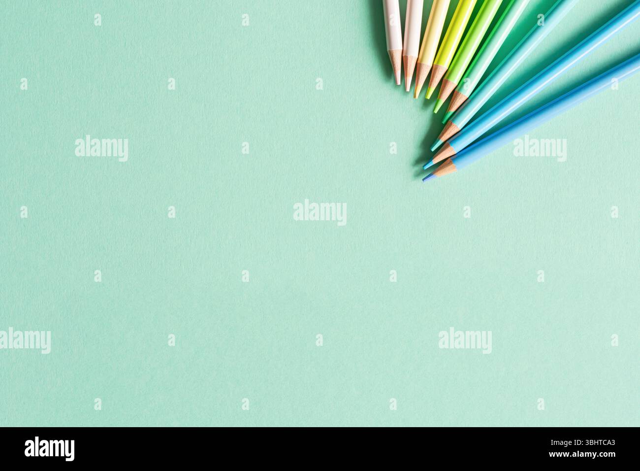 "Back to School", "Education and Work Concept". Schreibwaren zum Lernen (Studium) auf Minzhintergrund. Ansicht von oben, Draufsicht. Stockfoto