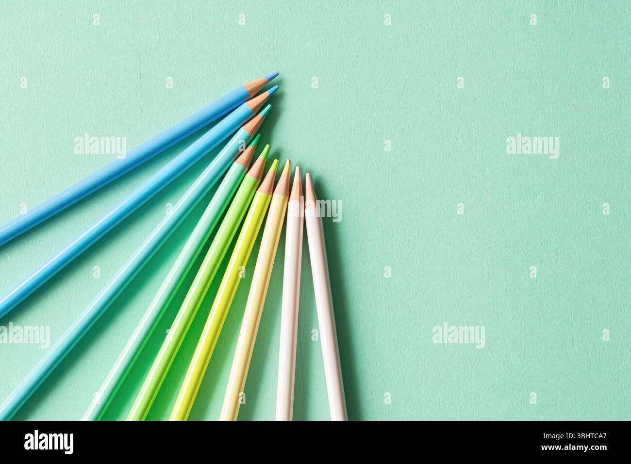 "Back to School", "Education and Work Concept". Schreibwaren zum Lernen (Studium) auf Minzhintergrund. Ansicht von oben, Draufsicht. Stockfoto