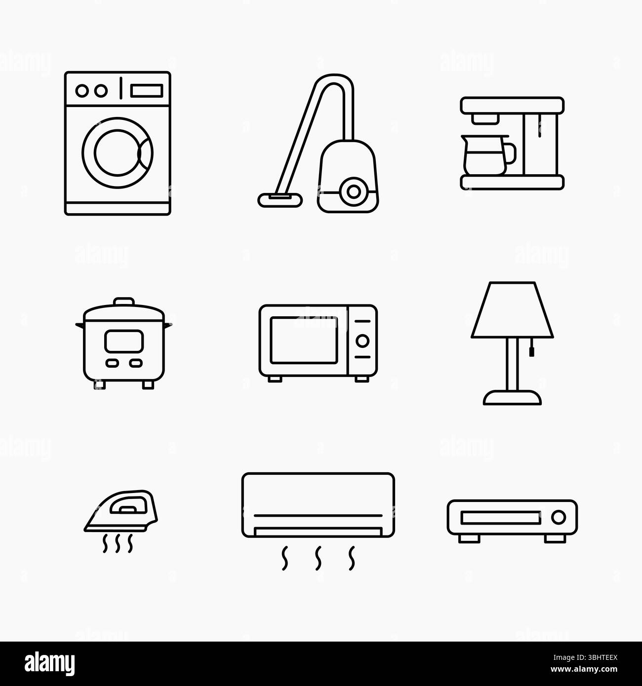 Minimaler Konturensatz, der gängige elektrische Haushaltsgeräte wie Waschmaschine, Mikrowelle, Kaffeemaschine und mehr zeigt, Vektorillustration Stock Vektor