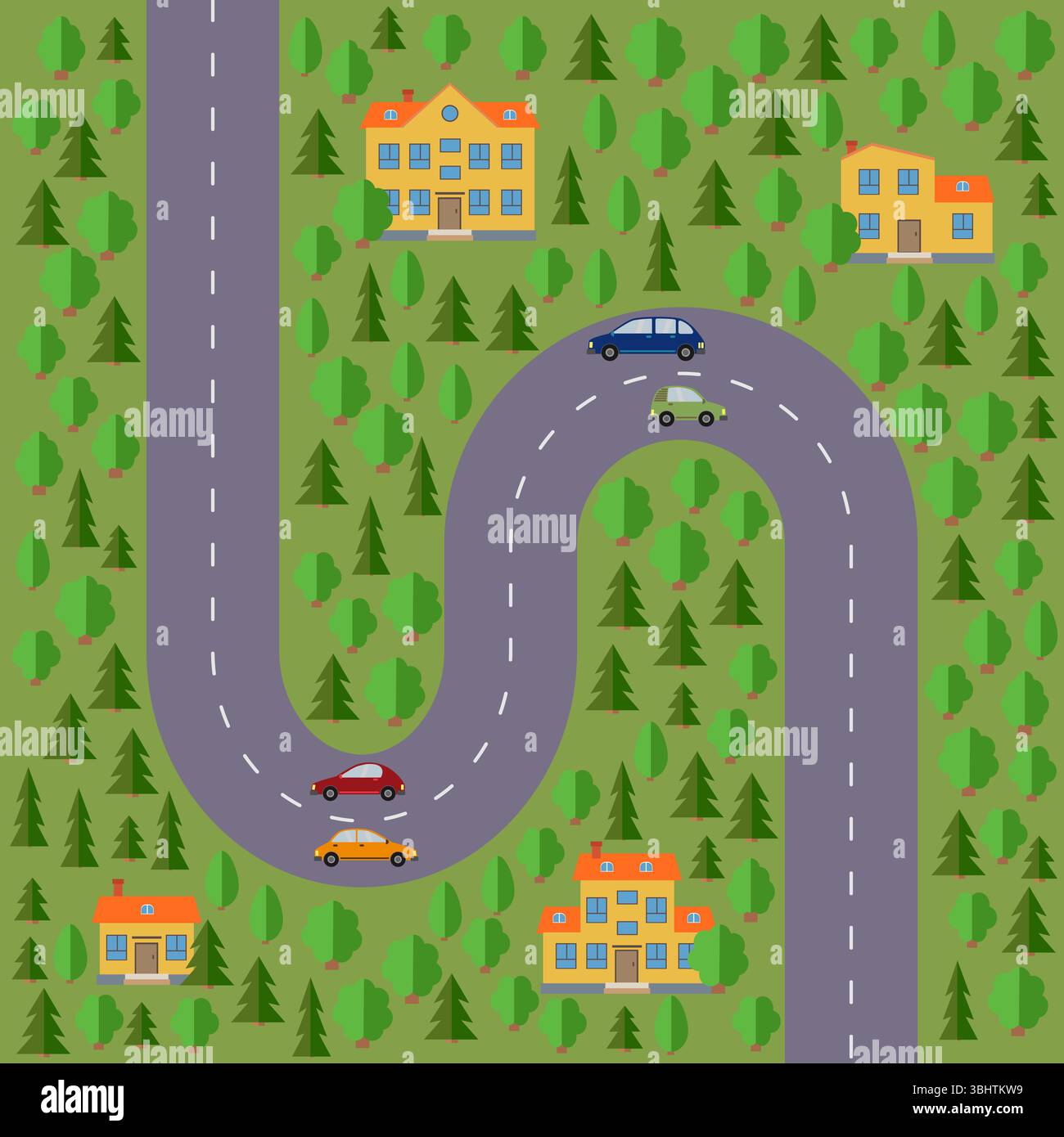 Plan des Dorfes. Landschaft mit Straße, Wald, Autos und Häusern. Vektorabbildung Stock Vektor