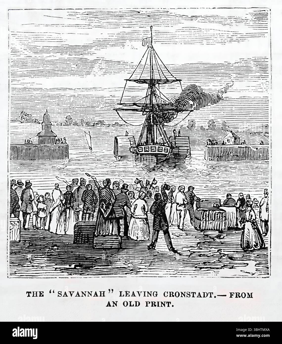 Das Dampfschiff der SS Savannah verließ Kronstadt (1878). Illustration aus dem 19. Jahrhundert von Frank Leslie's Popular Monthly Stockfoto